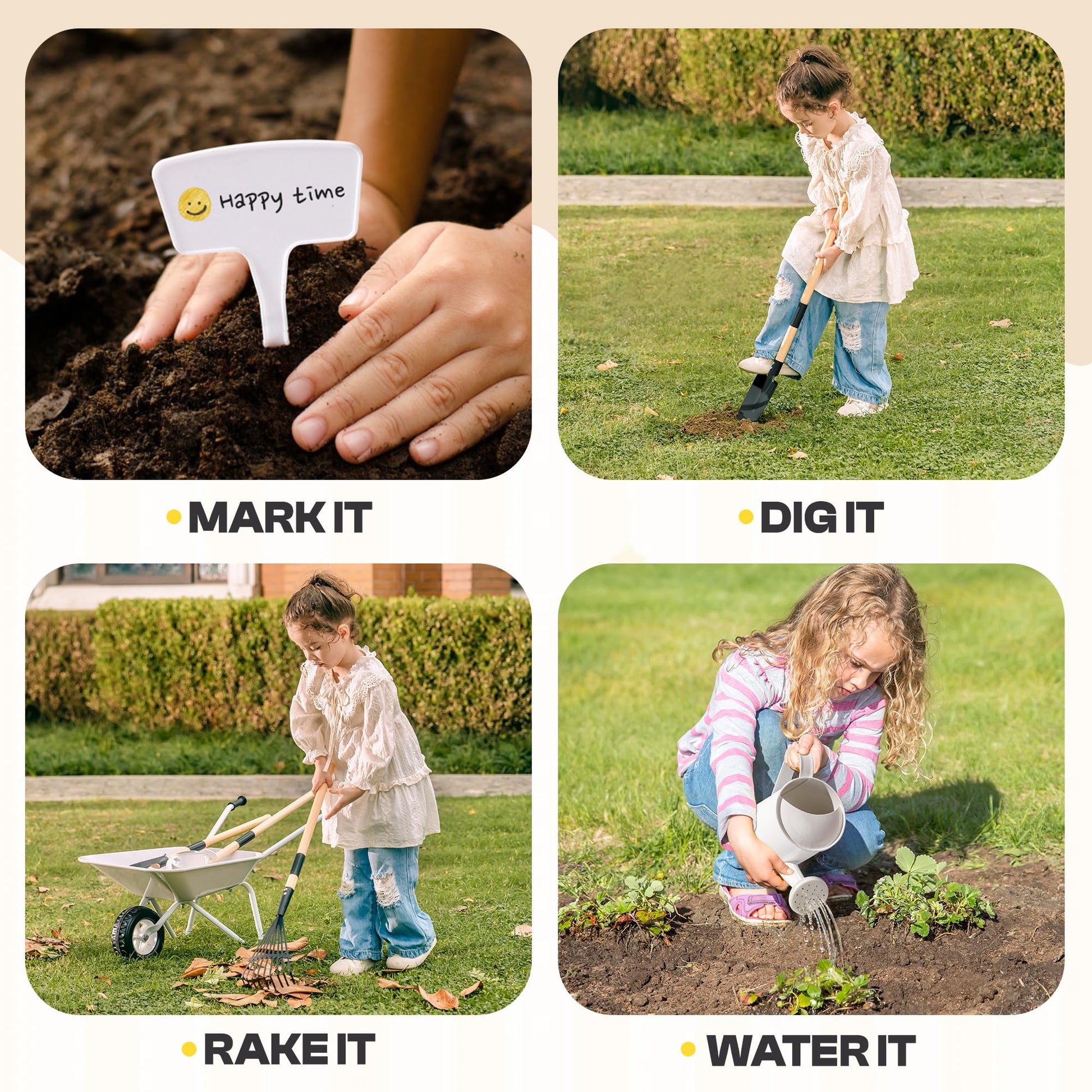 ROBOTIME Kids Wheelbarrow with Gardening Set - Metal Wheelbarrow Toddler Outdoor Play Toy with Garden Tools, Watering Can & Plant Labels, Pretend Play