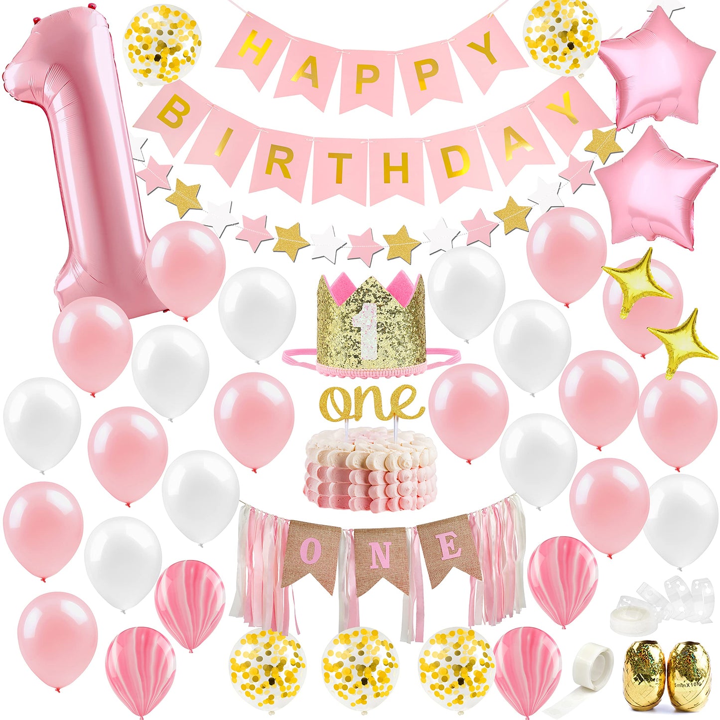 First Birthday Decorations for Girl | 1st Baby Girl Number 1 Balloon, Happy Birthday Banner, “One” Cake Topper, Star Garland, Marble Pink, Gold