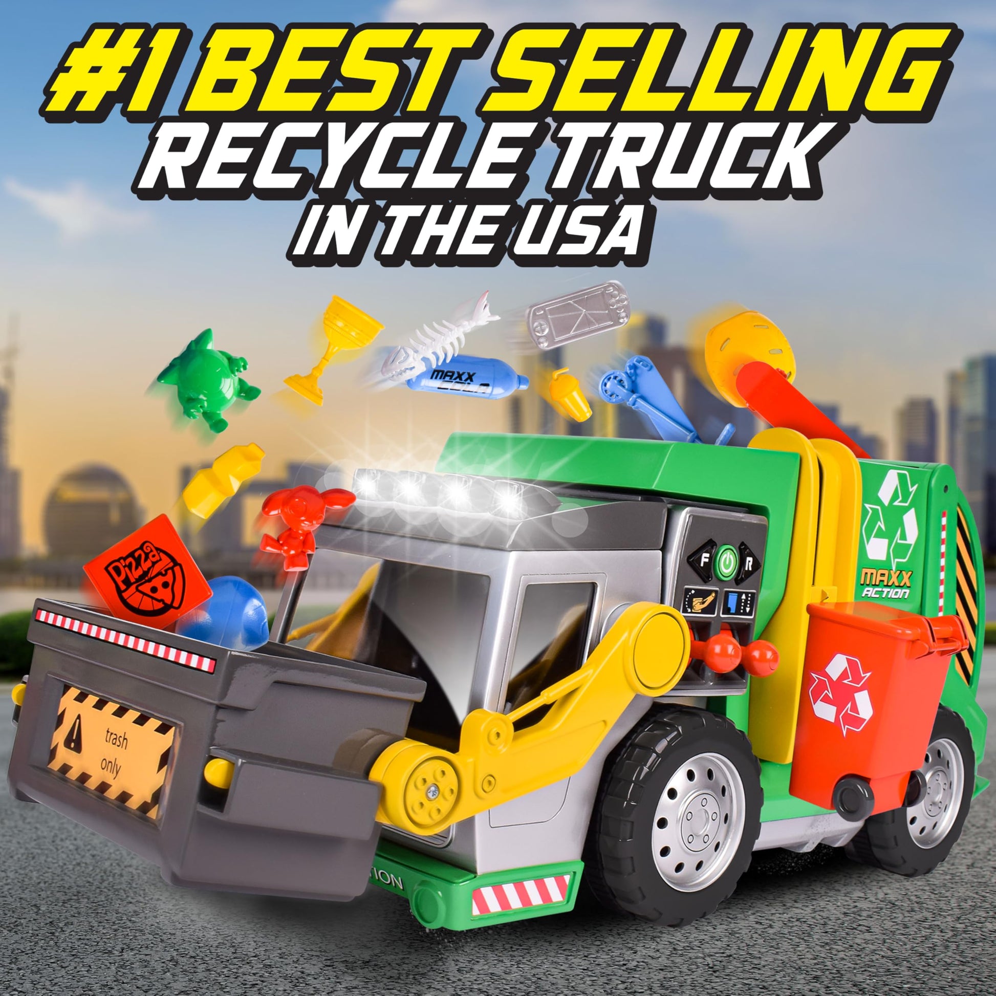 Maxx Action Large Motorized 19" Maxx Action Garbage Truck Toy Set with Lights and Sound Includes Dumpster, Trash Bin and Miniature Trash Pieces