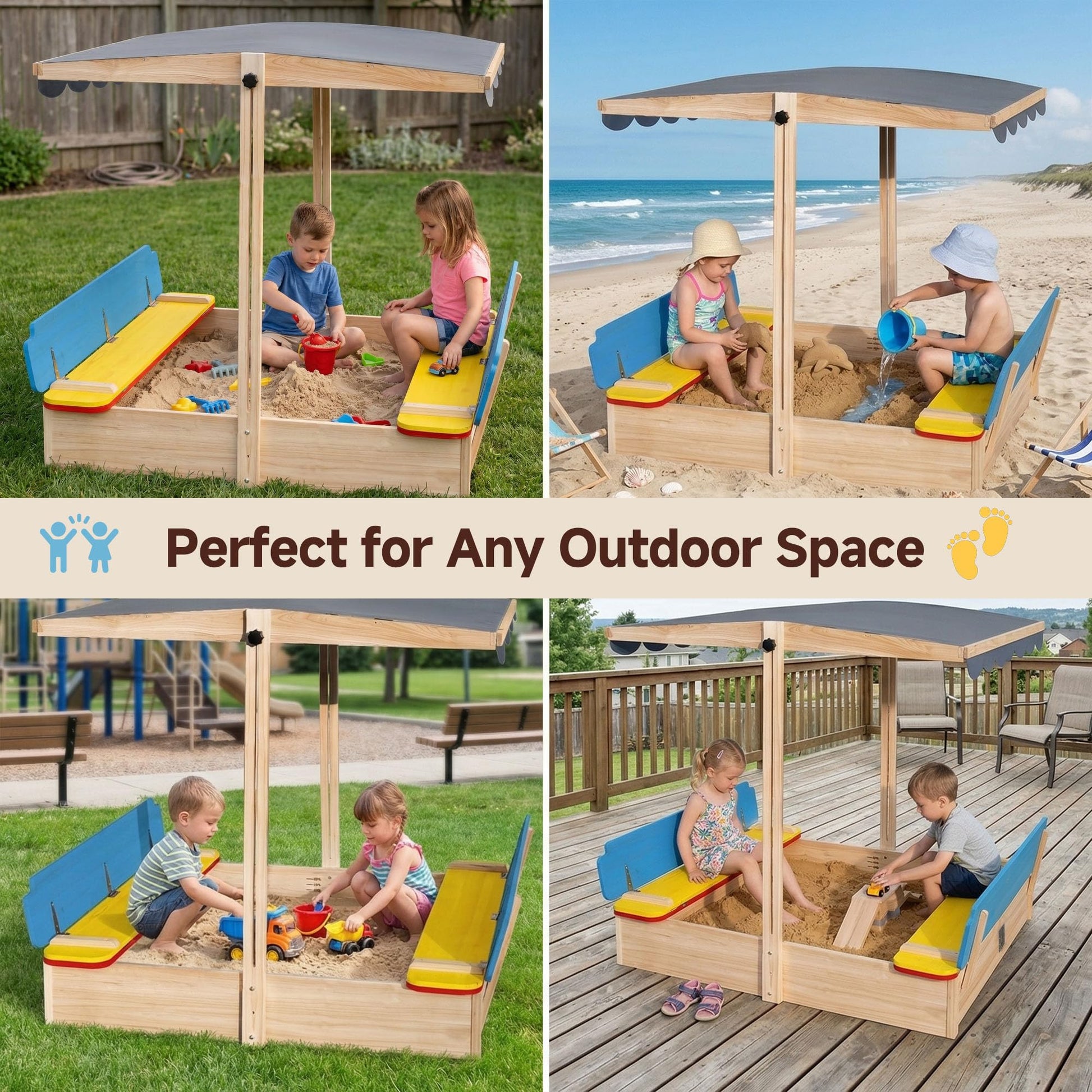 HOMELONG Wooden Sandbox with Cover Lid Adjustable Canopy Foldable Bench Seat Bottom Liner Large Sand Pit Aged 3-12 Outdoor 48x48 Inch Sand Box