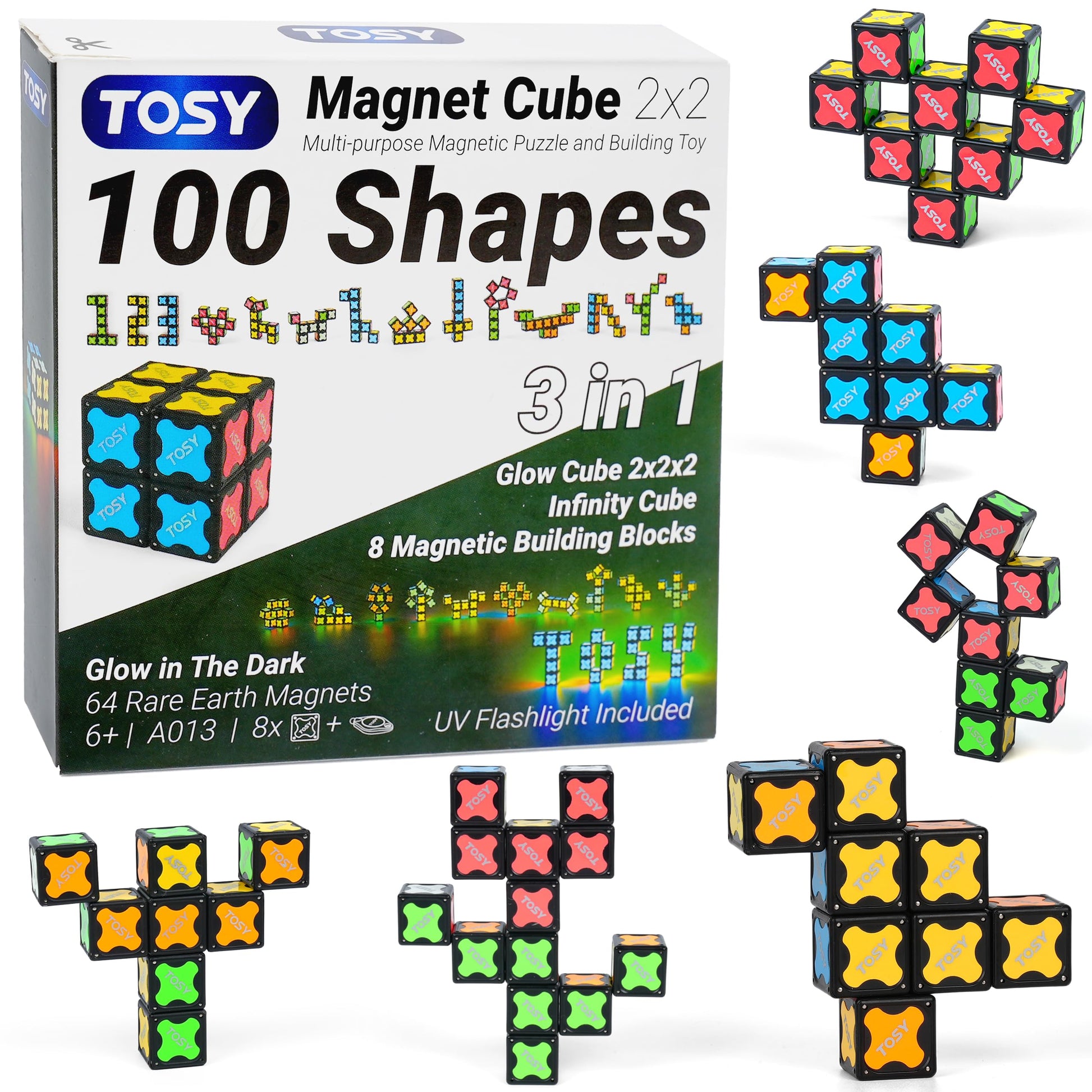 TOSY Magnet Cube 2x2 - 8 Blocks, 2 in 1 Toy: 2x2x2 Puzzle Cube and Customizable Infinity Cube, Glowing, UV Flashlight, Fidget/Sensory/STEM/STEAM