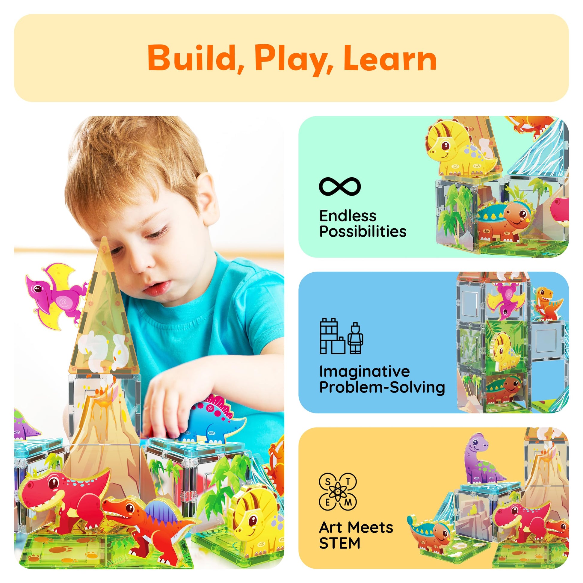 PicassoTiles Magnet Tile Building Blocks Dinosaur World Themed Playset with 8 Animal Character Action Figures Magnetic Tiles STEM Learning Pretend
