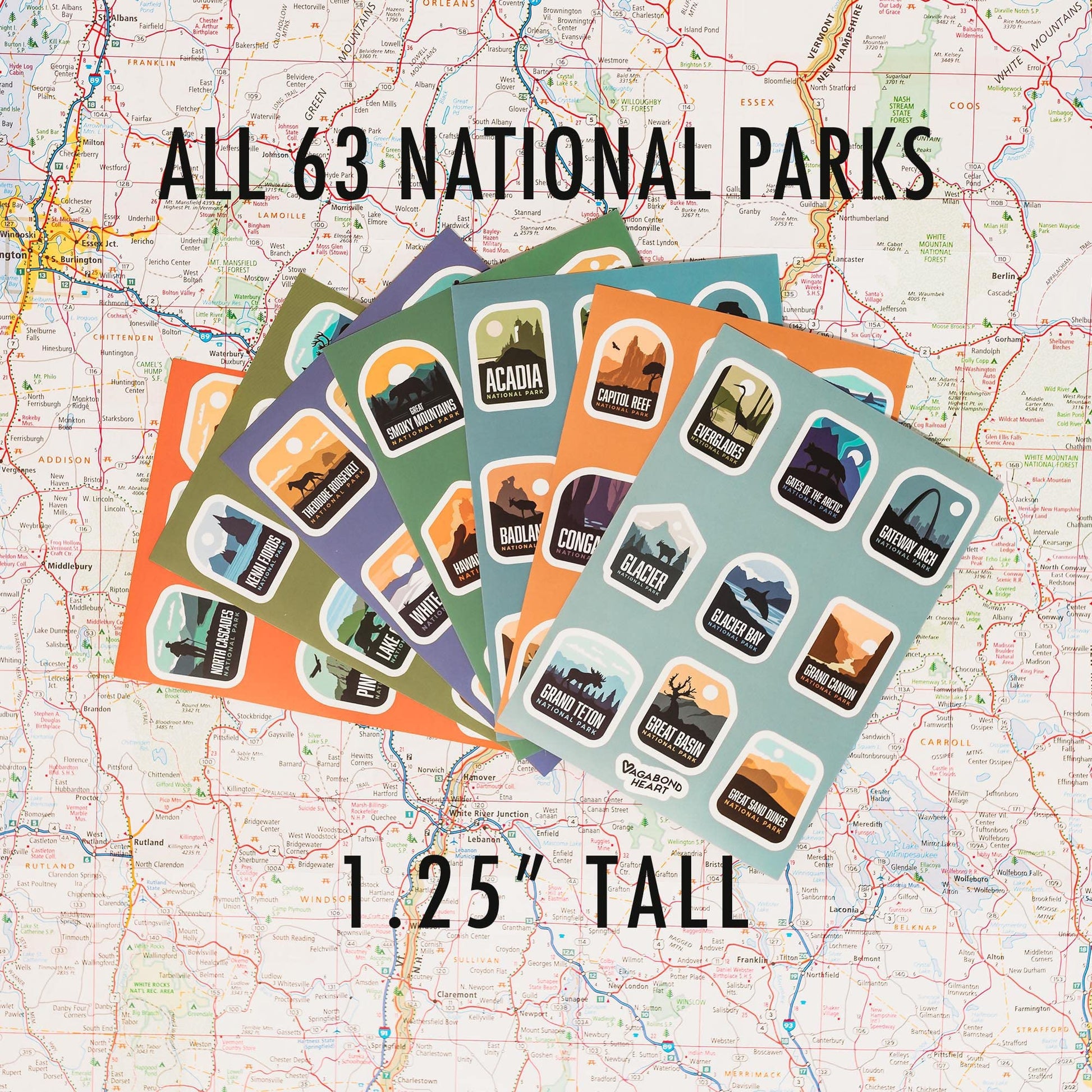 Vagabond Heart National Park Stickers 63 Piece Vinyl Decal Collection, Compact 1.25 Inch Tall Art Set for Travel Journals, National Park Sticker Book