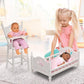 Badger Basket Doll High Chair and Bed Set - Classic Wooden Furniture for 18 Inch Dolls with Chevron Bedding, Spindle Styling, Fixed Tray and Pillow