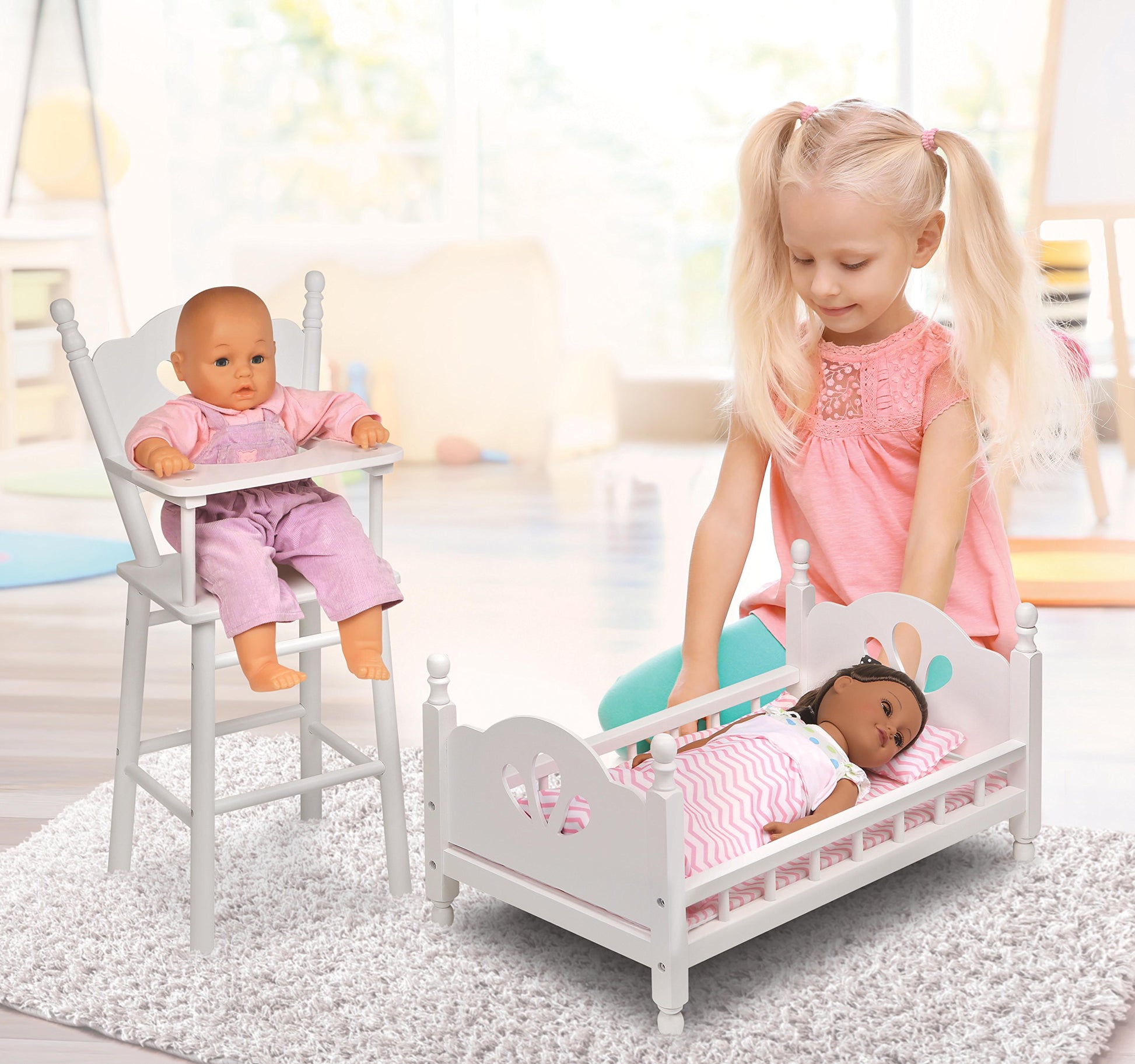 Badger Basket Doll High Chair and Bed Set - Classic Wooden Furniture for 18 Inch Dolls with Chevron Bedding, Spindle Styling, Fixed Tray and Pillow