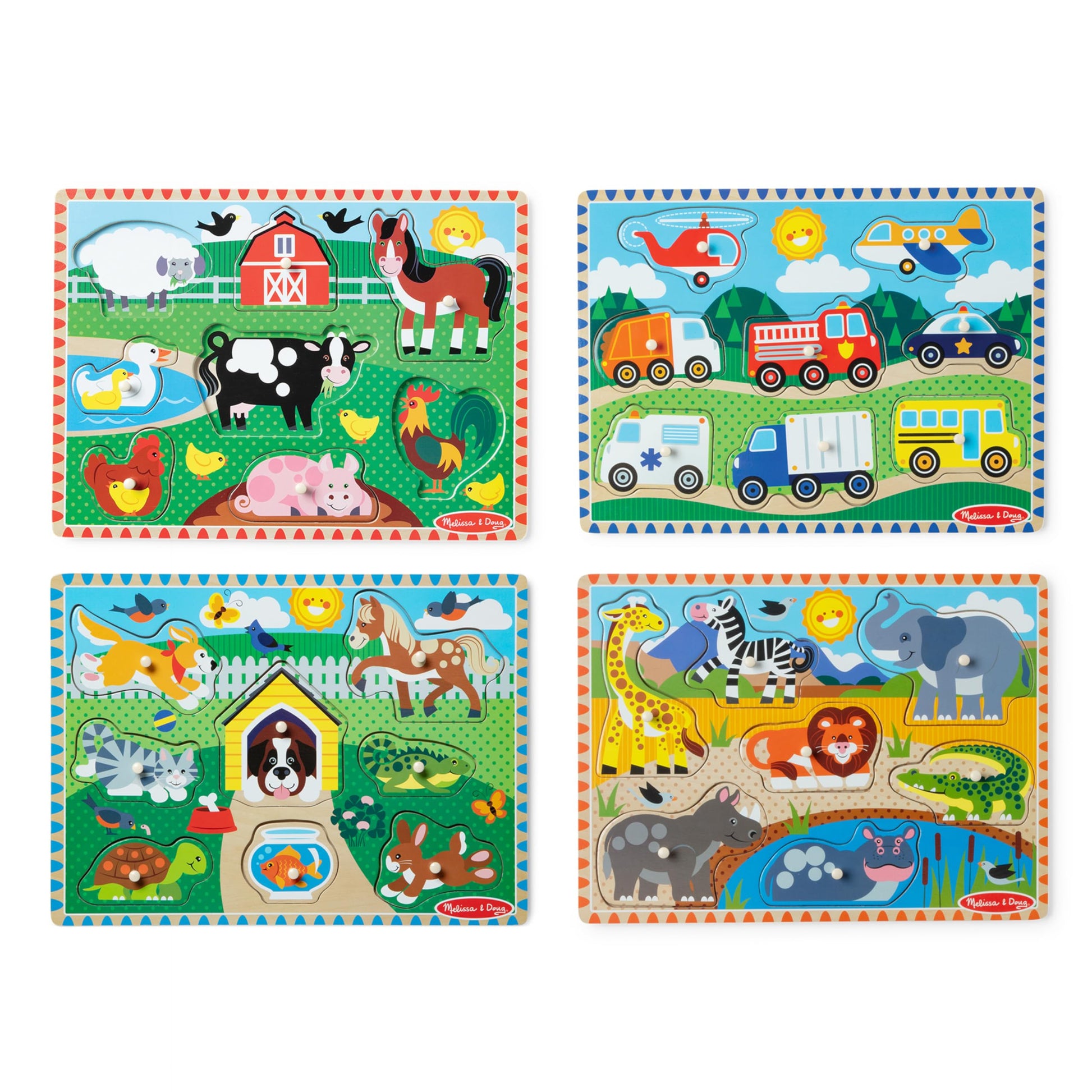 Melissa & Doug Wooden Peg Puzzle Set - 4-Pack Vehicle, Farm, Safari & Pet Animal Themes - Educational Puzzles for Toddlers and Preschoolers Ages 2+