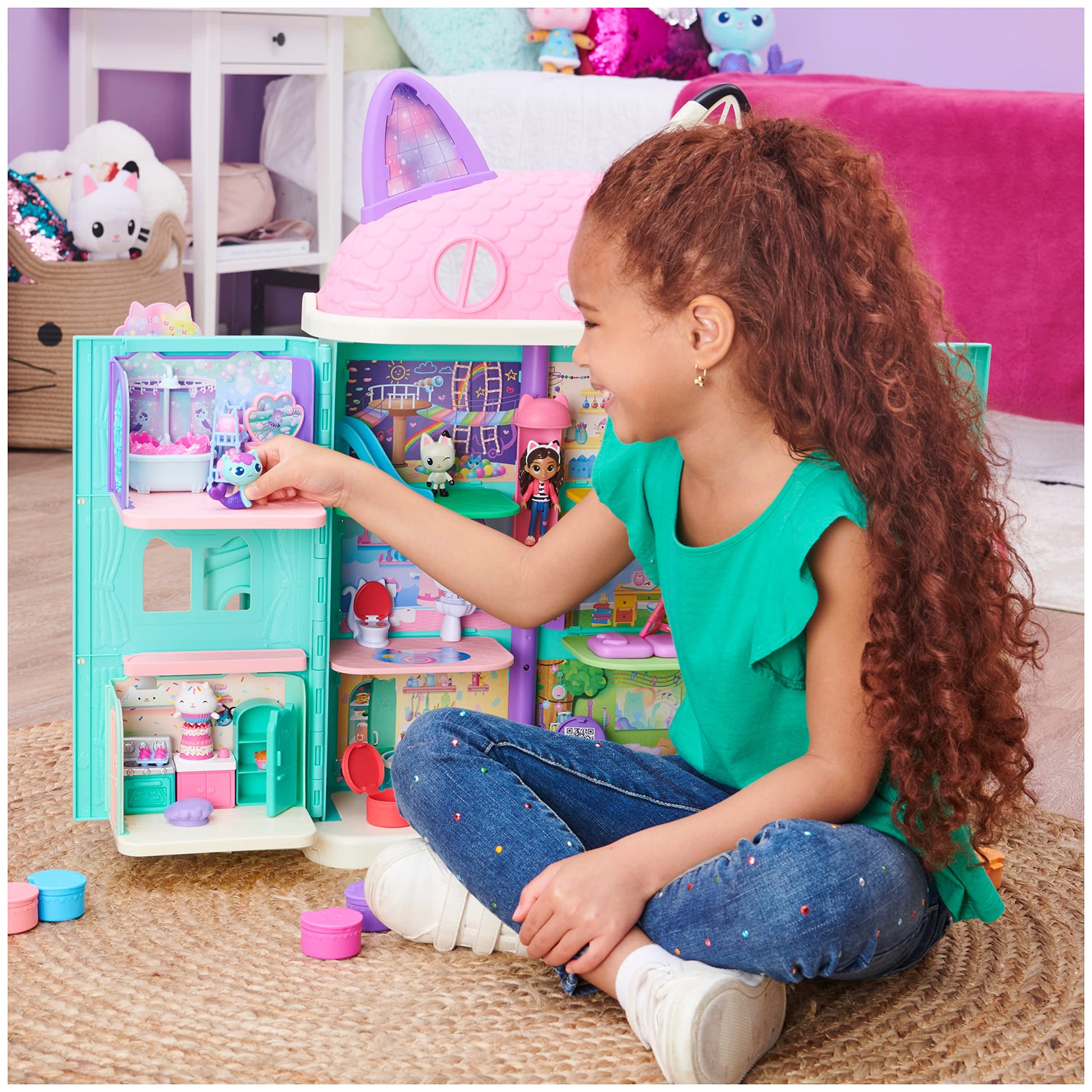 Gabby’s Dollhouse, Primp and Pamper Bathroom with Mercat Figure, 3 Accessories, 3 Furniture and 2 Deliveries, Kids Toys for Ages 3 and up