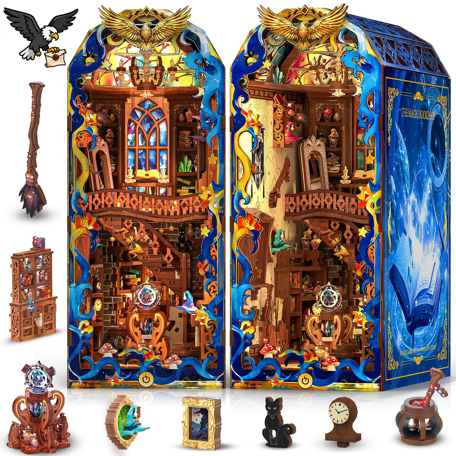 Mccreadee Book Nook Kit, DIY Miniature House 3D Wooden Puzzle with LED Light, Fantasy Bookstore Bookshelf Decor for Adults, Teens & Beginners, Gift