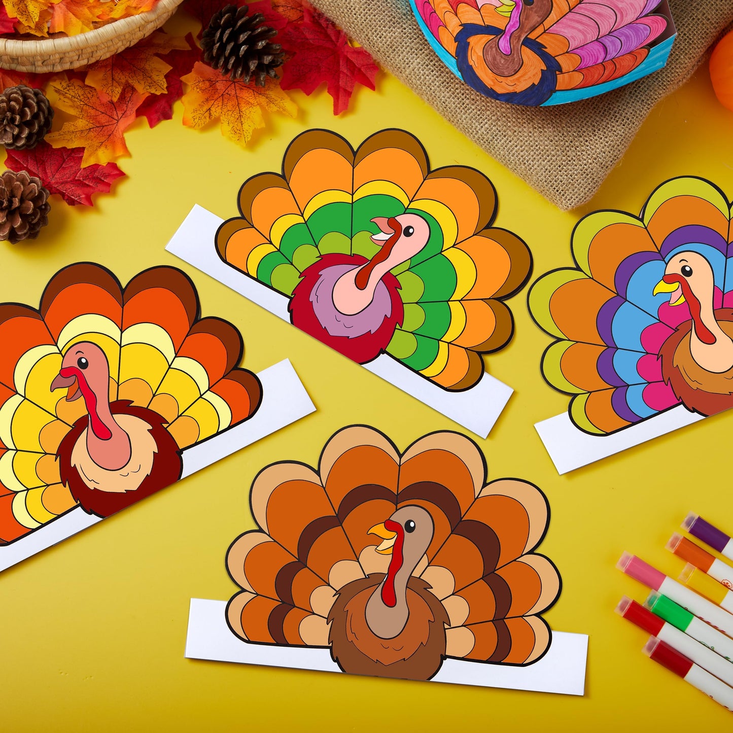 JOYIN 24 Pcs Thanksgiving Coloring Headbands, Color Your Own Turkey Crowns Kids Craft Set for Thanksgiving Kids School Activities Class Events Party