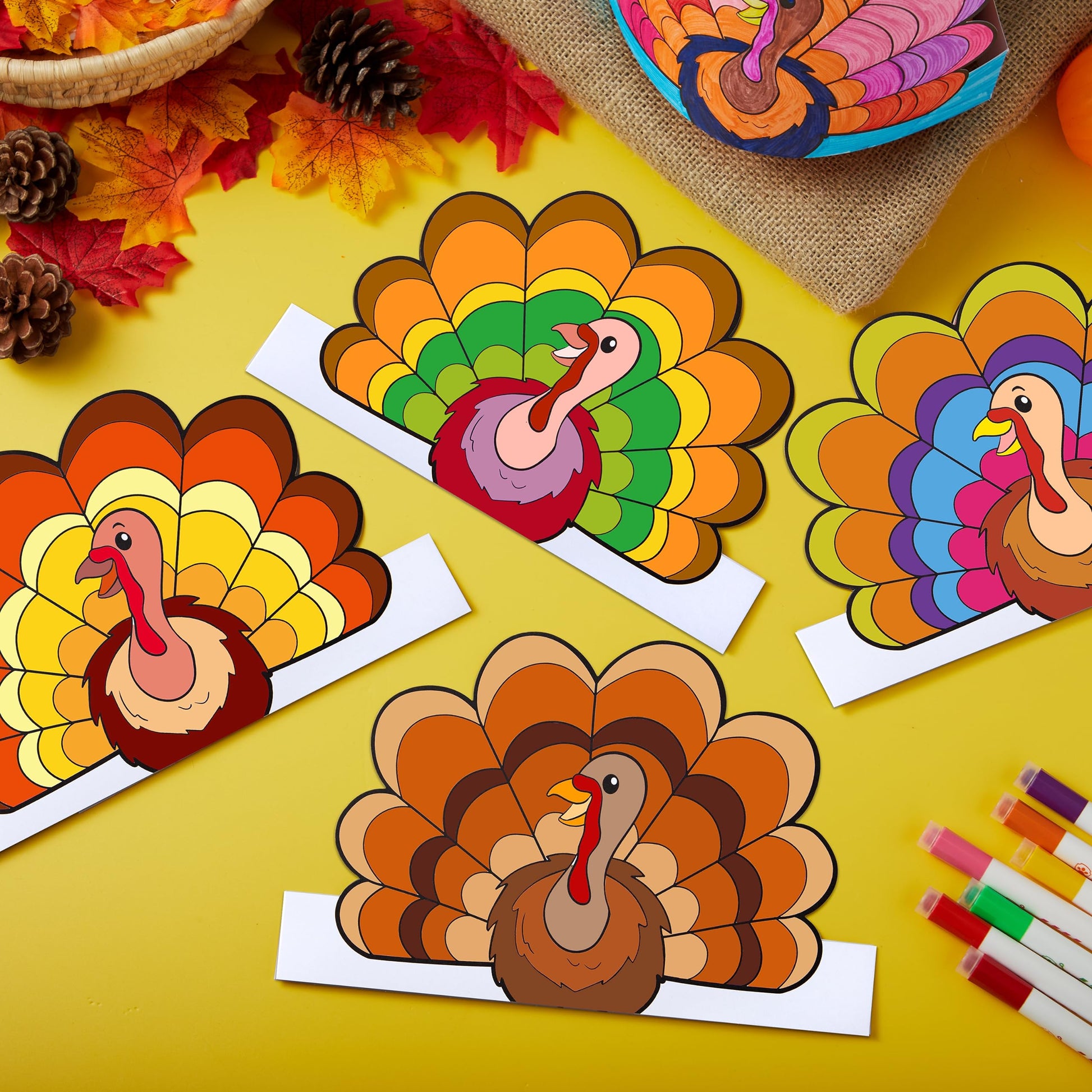 JOYIN 24 Pcs Thanksgiving Coloring Headbands, Color Your Own Turkey Crowns Kids Craft Set for Thanksgiving Kids School Activities Class Events Party