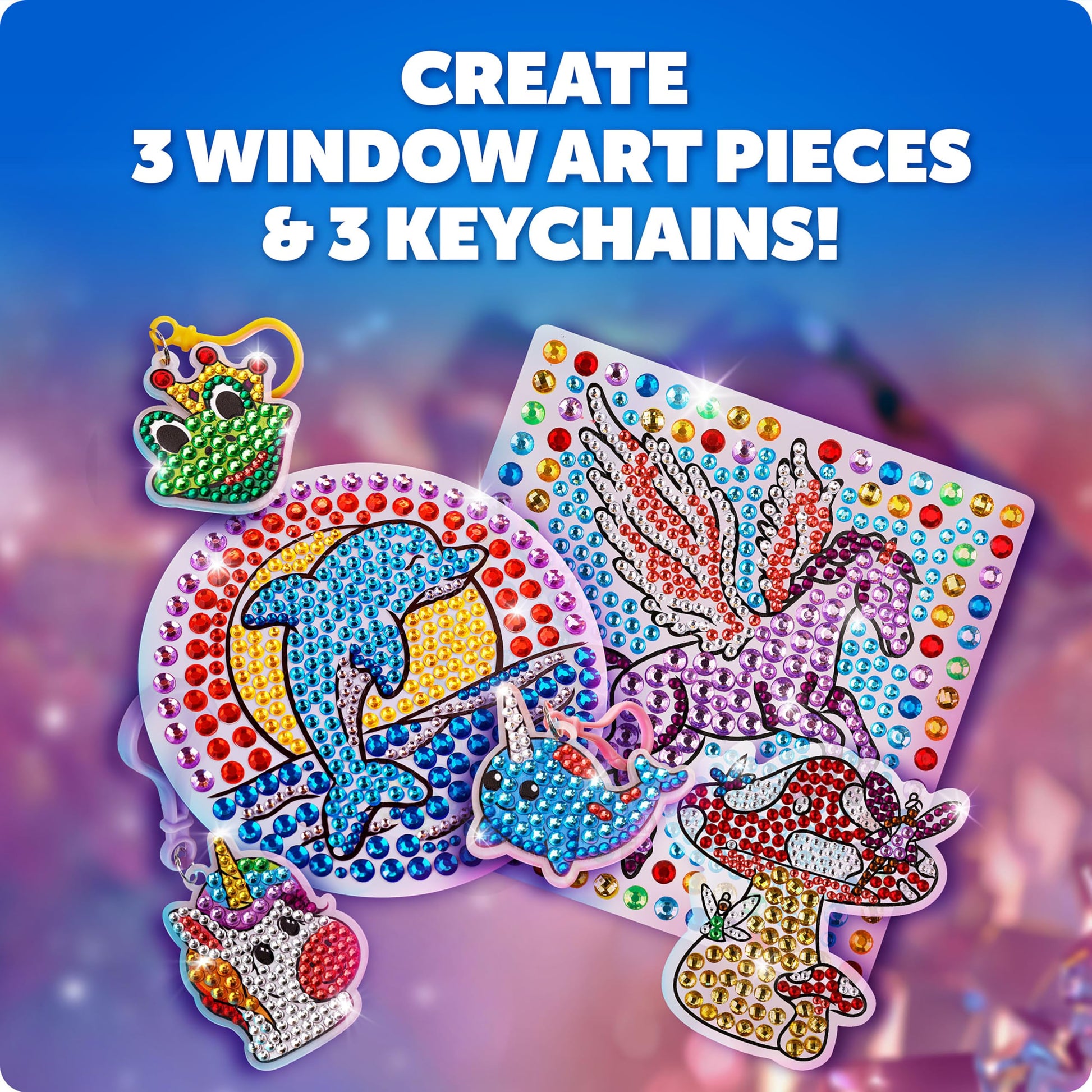 Blue Marble Ultimate Diamond Painting Kit for Kids - 6 Craft Activities with 1500+ Gems, Make 3 Window Art Pieces & 3 Keychains, Includes Applicator