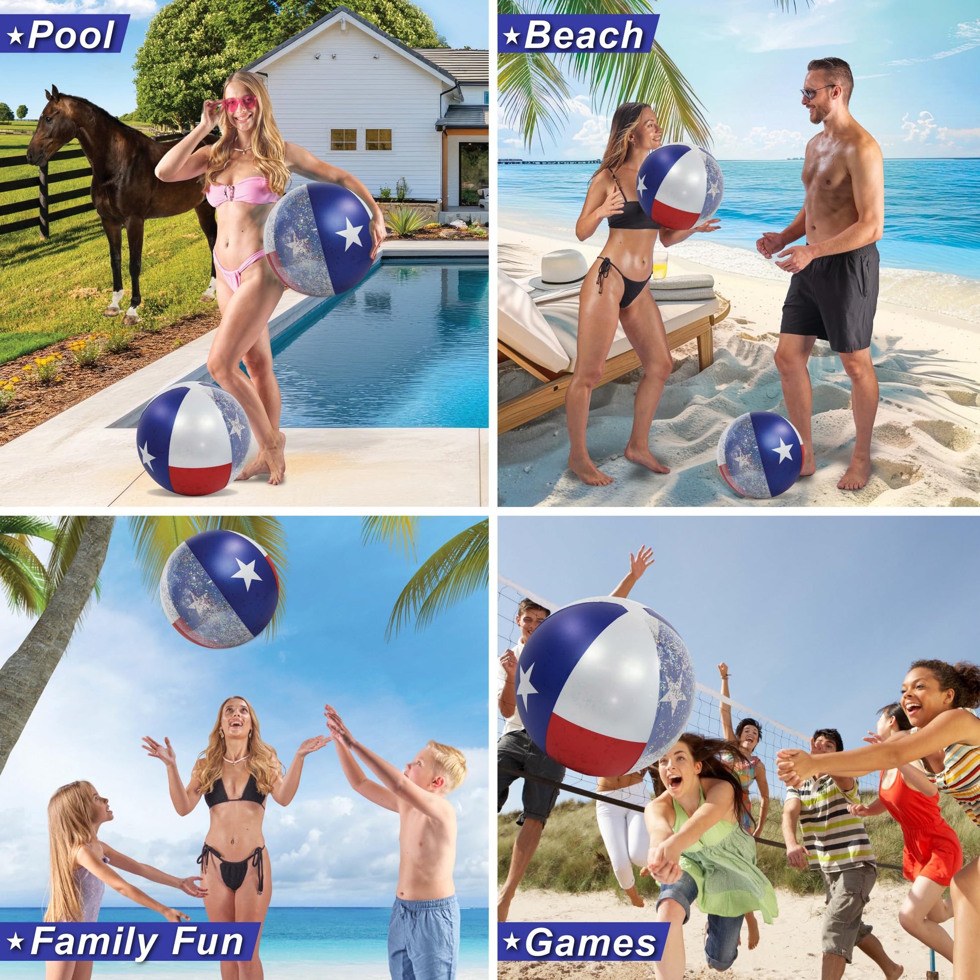 POZA Set of 2 Texas Flag Inflatable Beach Balls - 16 Inch Beach Balls with Sparkly Silver Star Confetti Design, PVC Vinyl Inflatable Pool Toys