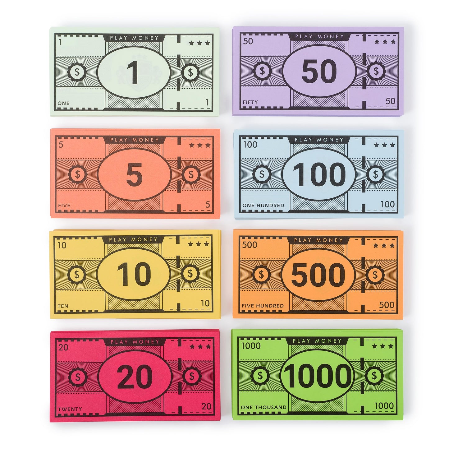 Play Money - 520 Pcs for Board Games - 65 of Each Bill in 8 Denominations - Double Sided Printed Paper Money for Pretend Play Cashier, Opoly Money