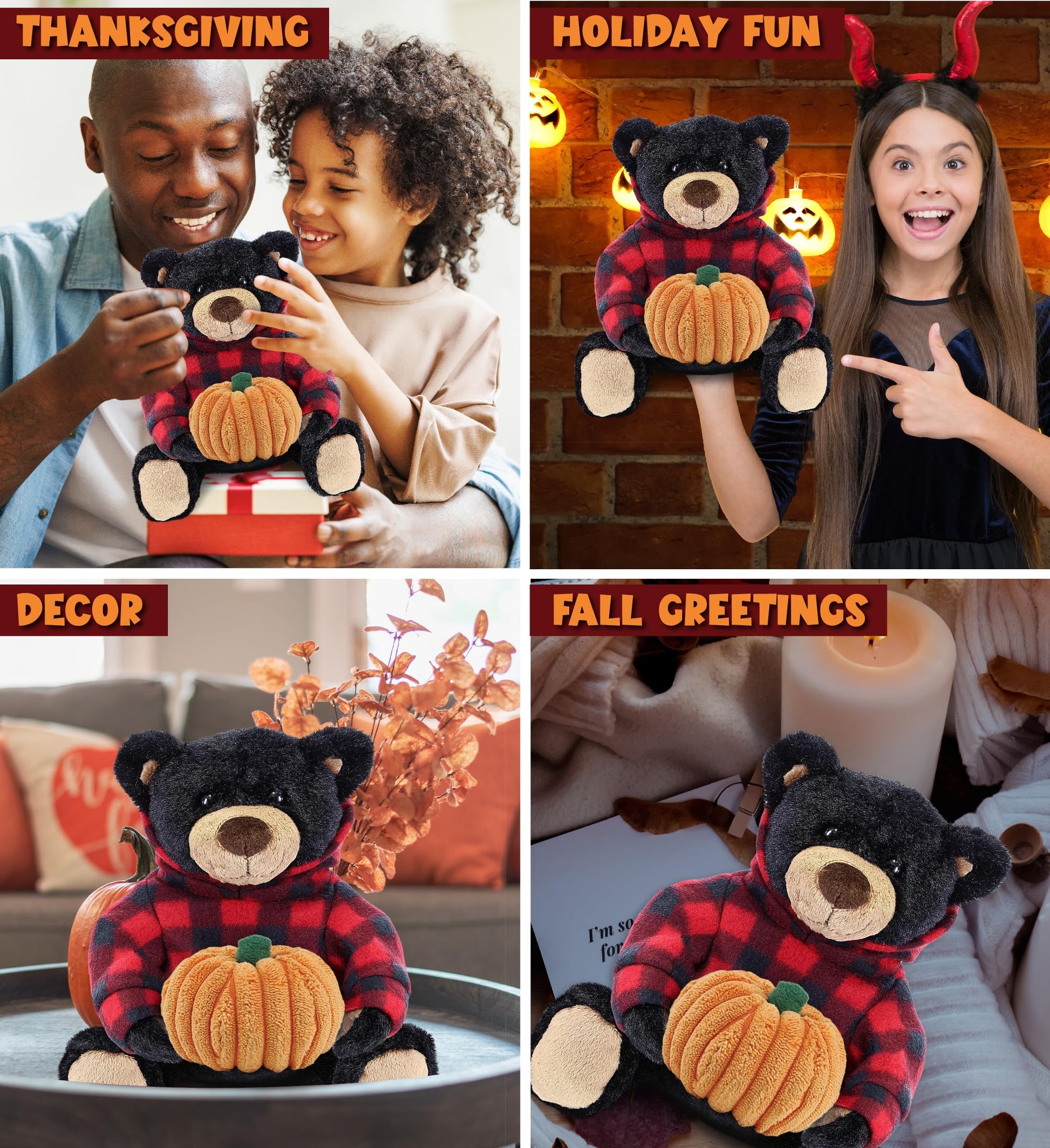 DolliBu Super Soft Plush Black Bear with Red Plaid Hoodie Stuffed Animal with Pumpkin Decor - Plush Animal for Fall, Halloween and Thanksgiving