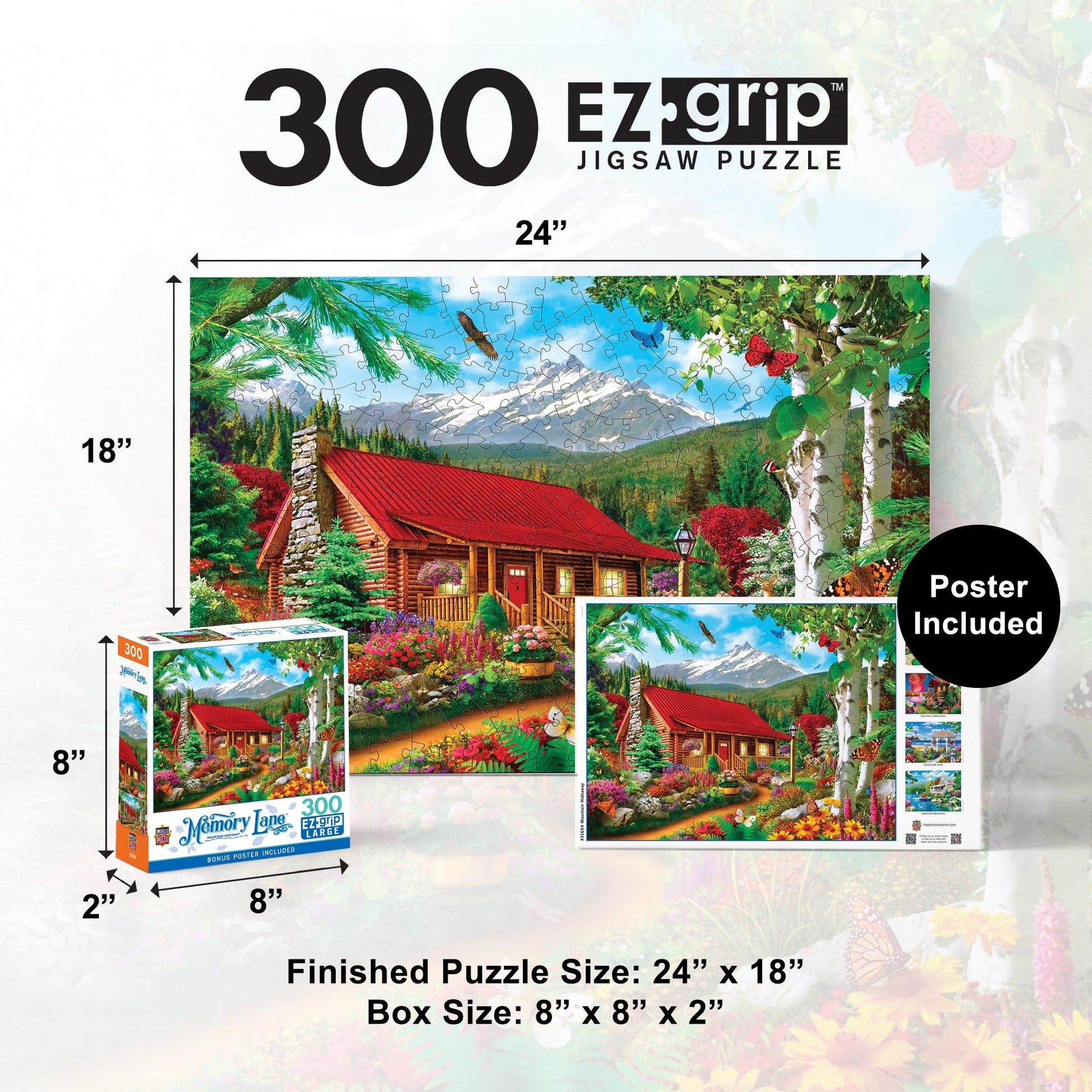 MasterPieces - 300 Piece Jigsaw Puzzle, Large EZ Grip Shapes, Mountain Hideaway, Fun for Adults, Seniors, Family, Kids, Non-Glare Finish, 18"x24"