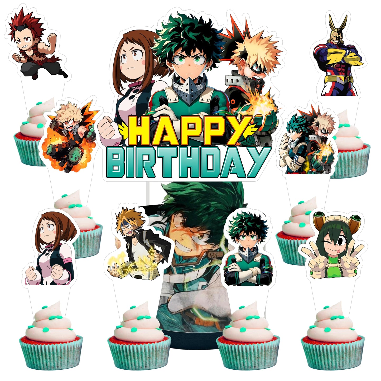 25pcs Cartoon For Academia of My Hero Birthday Decorations with 24pcs Cupcake Toppers,1pcs Cake Topper for Birthday Party Supplies.