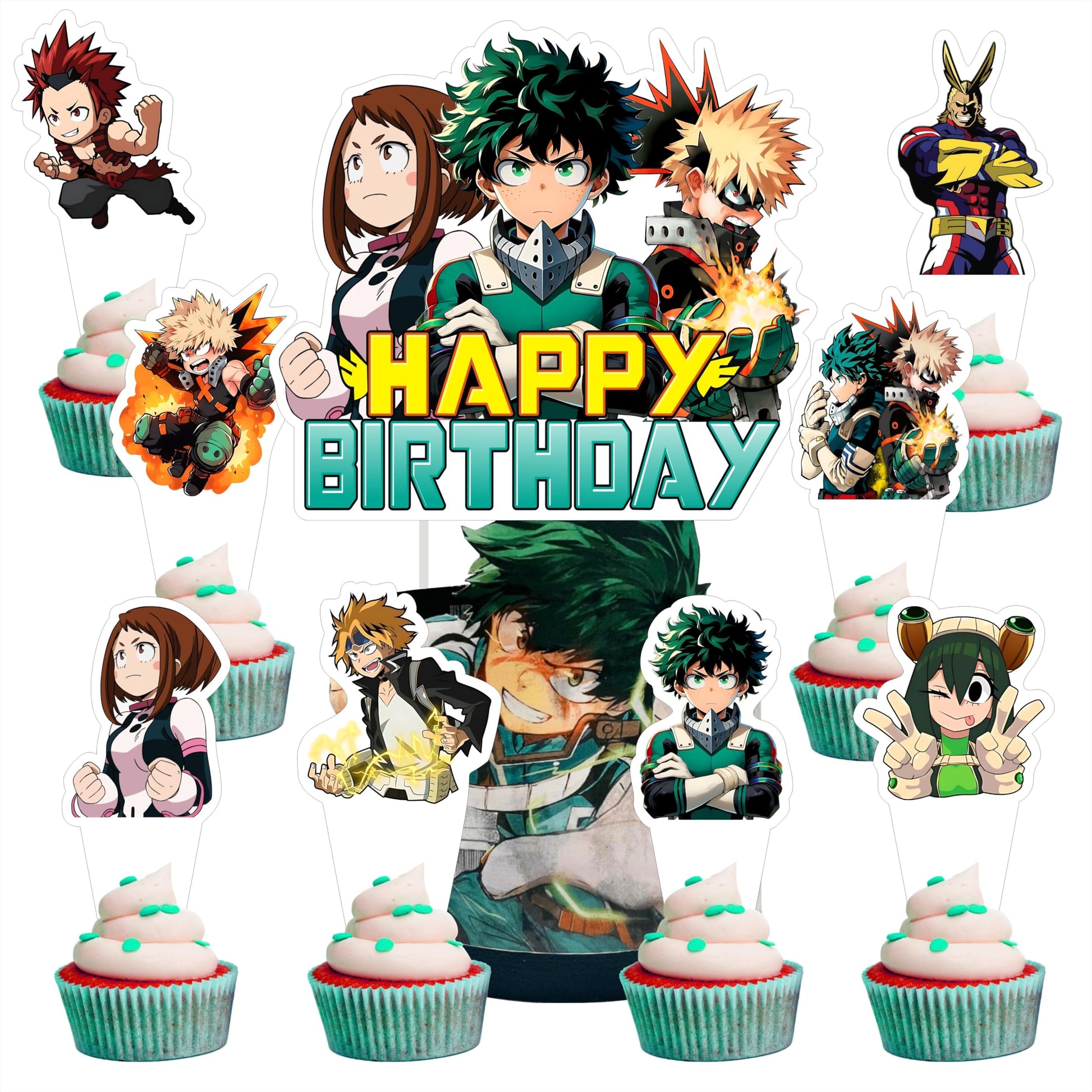 25pcs Cartoon For Academia of My Hero Birthday Decorations with 24pcs Cupcake Toppers,1pcs Cake Topper for Birthday Party Supplies.