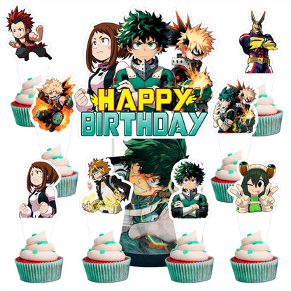 25pcs Cartoon For Academia of My Hero Birthday Decorations with 24pcs Cupcake Toppers,1pcs Cake Topper for Birthday Party Supplies.