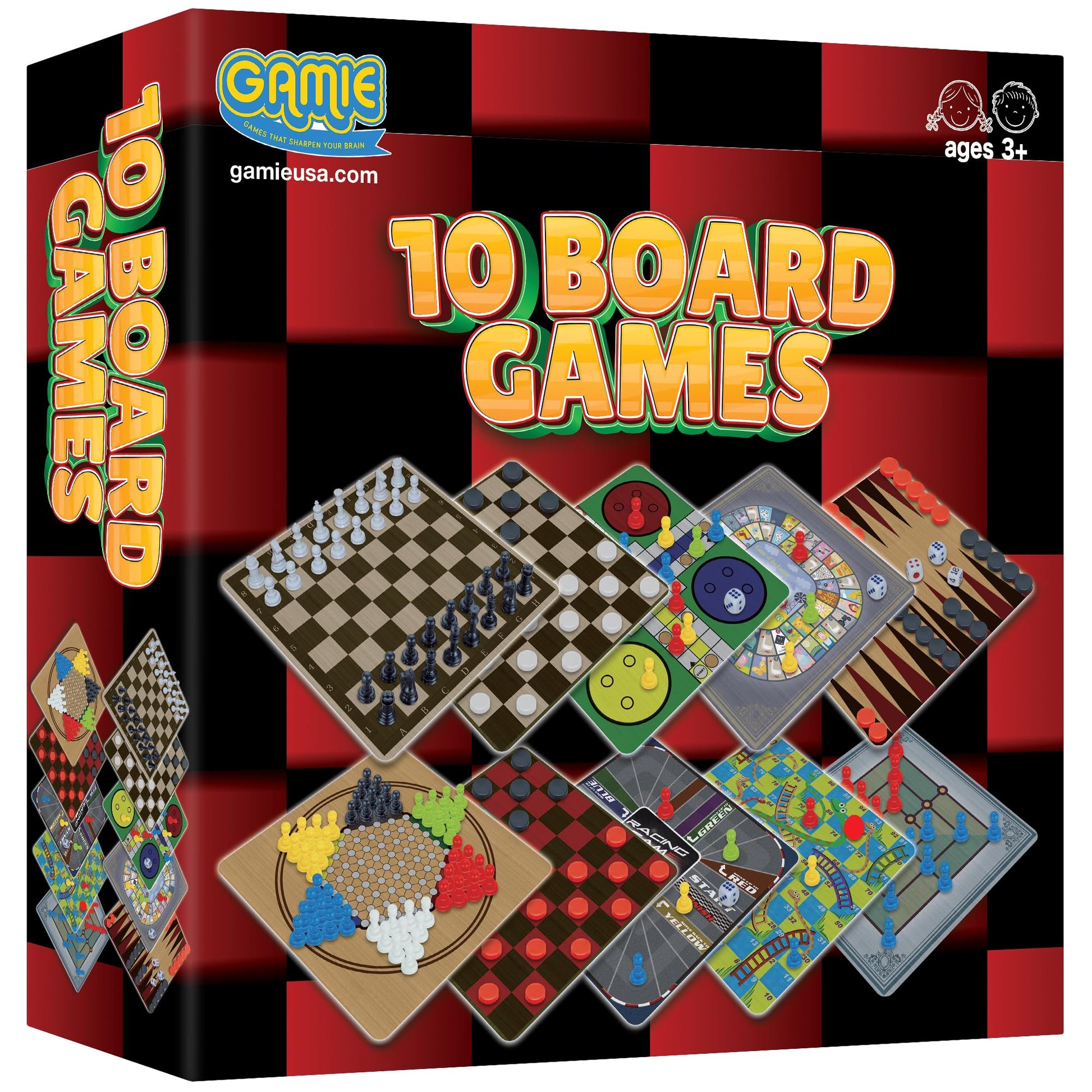 Gamie 10 Board Games Set, Classic Family Games for Kids and Adults, Includes 5 Double Sided Playing Boards with Backgammon, Chinese Checkers, Snakes