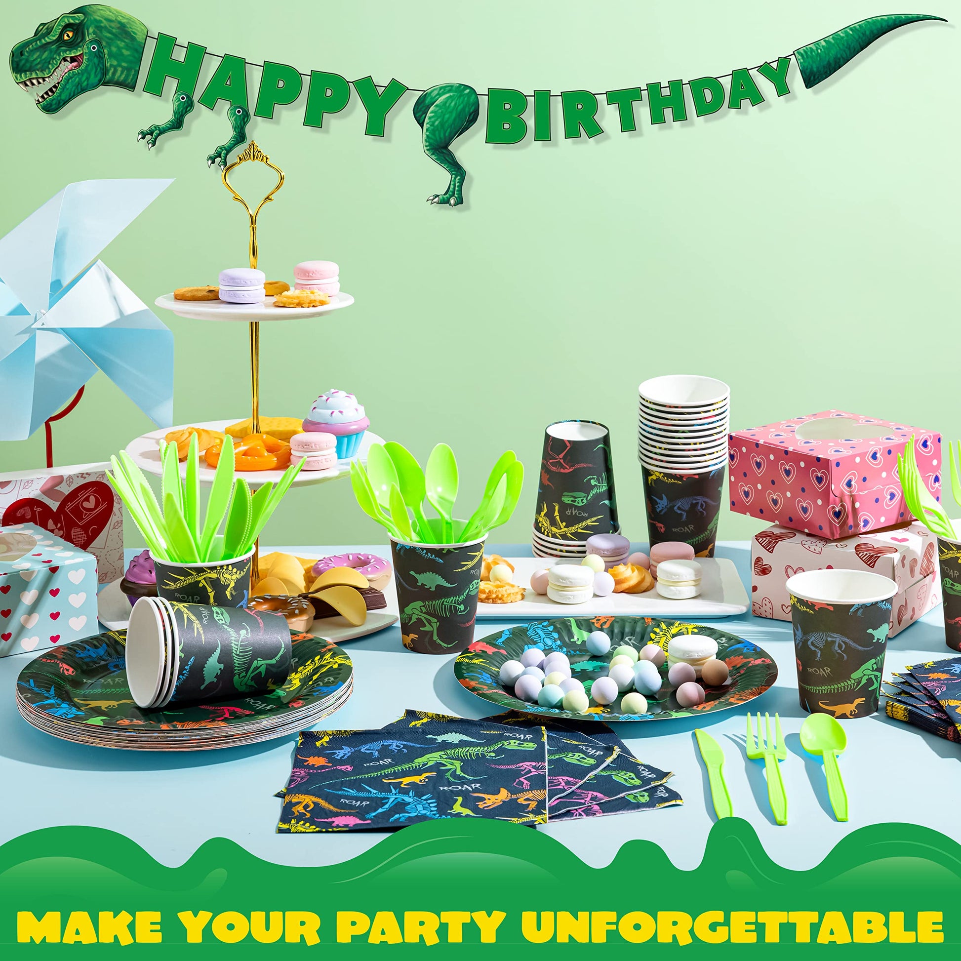 JOYIN 145 Piece Dinosaur Birthday Party Supplies with Banner, 24 Serves Dinosaur Disposable Tableware Set with Plates, Cups, Napkins, and Cutlery Sets
