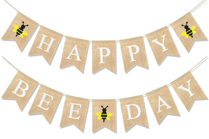 Uniwish Burlap Happy Bee Day Banner Bee Birthday Party Decorations