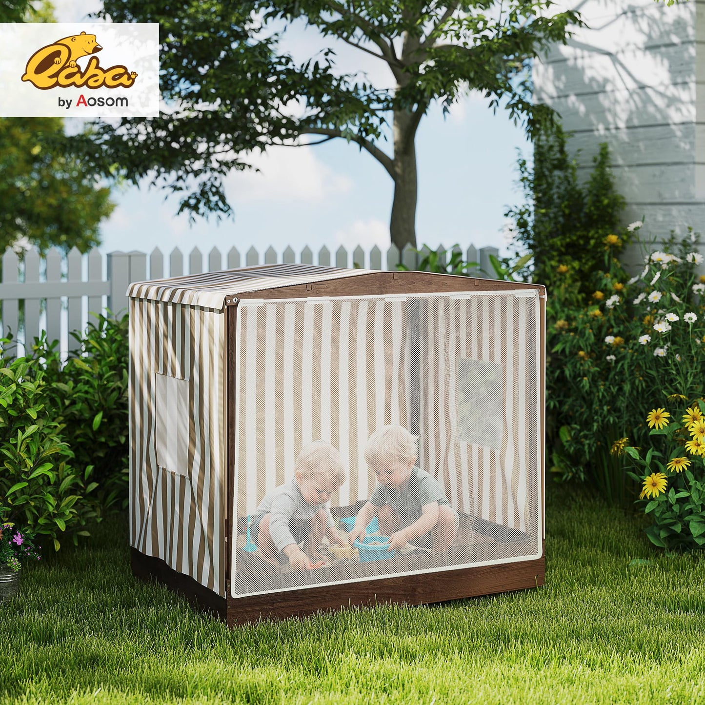 Qaba Kids Wooden Sandbox with Canopy, Large Wood Sand Pit, Mesh Door, Brown