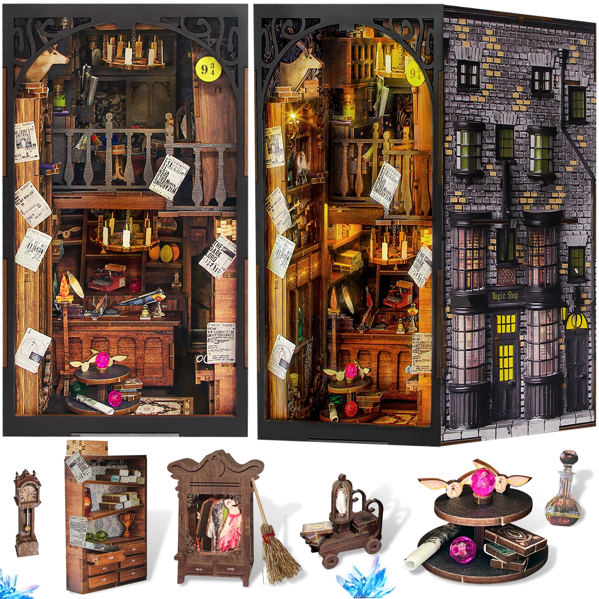DIY Book Nook Kit, 3D Wooden Puzzle Miniature Booknook Bookend Bookshelf Decor with LED Light, Dust Cover, Book Nook Kits for Adults Teen Ideas