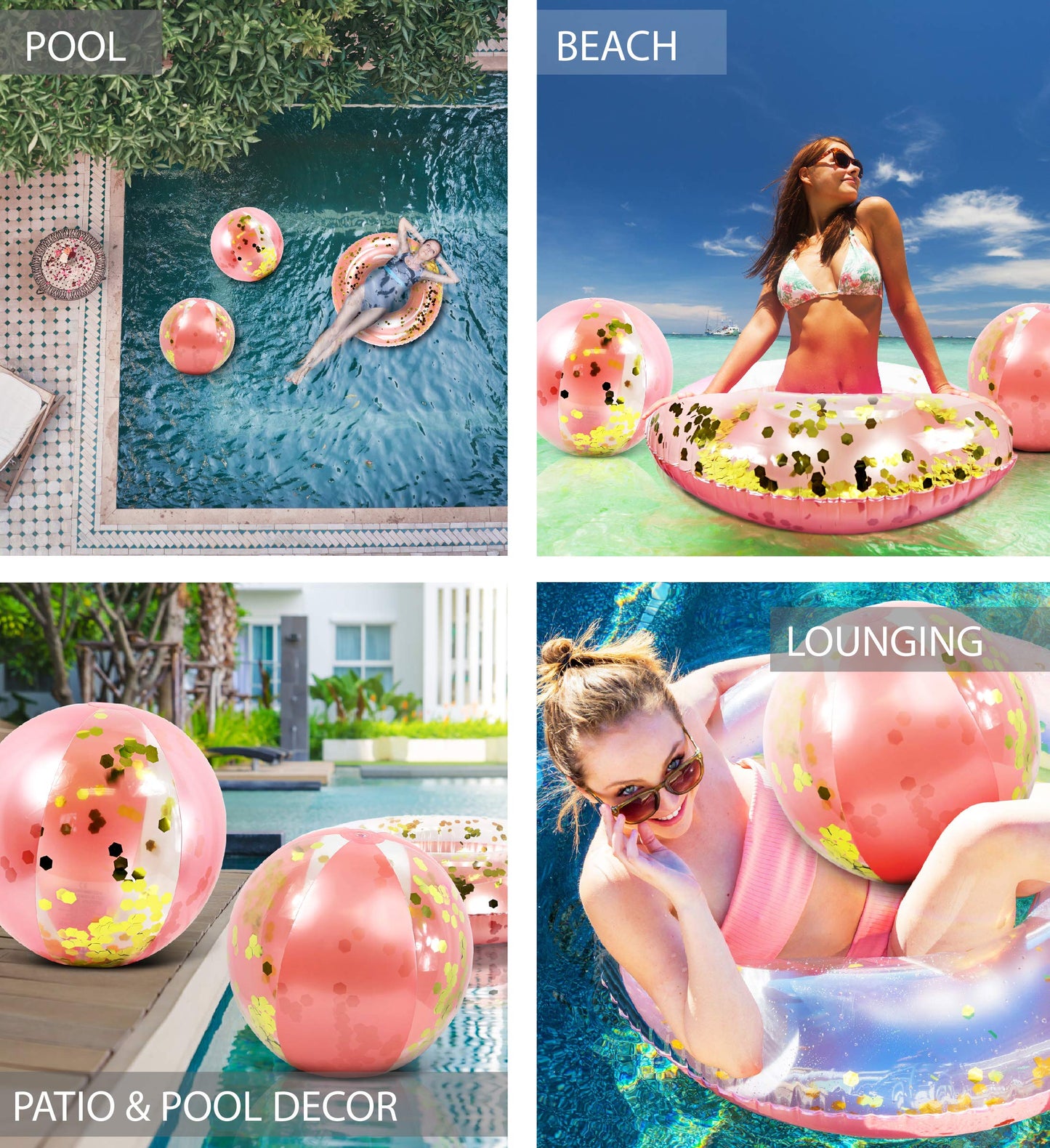 Mozlly Rose Gold Inflatable Beach Balls and Pool Float Tube Bundle - Premium Swim Ring Pool Float and Glitter Beach Ball Set, Fun Pool Floats