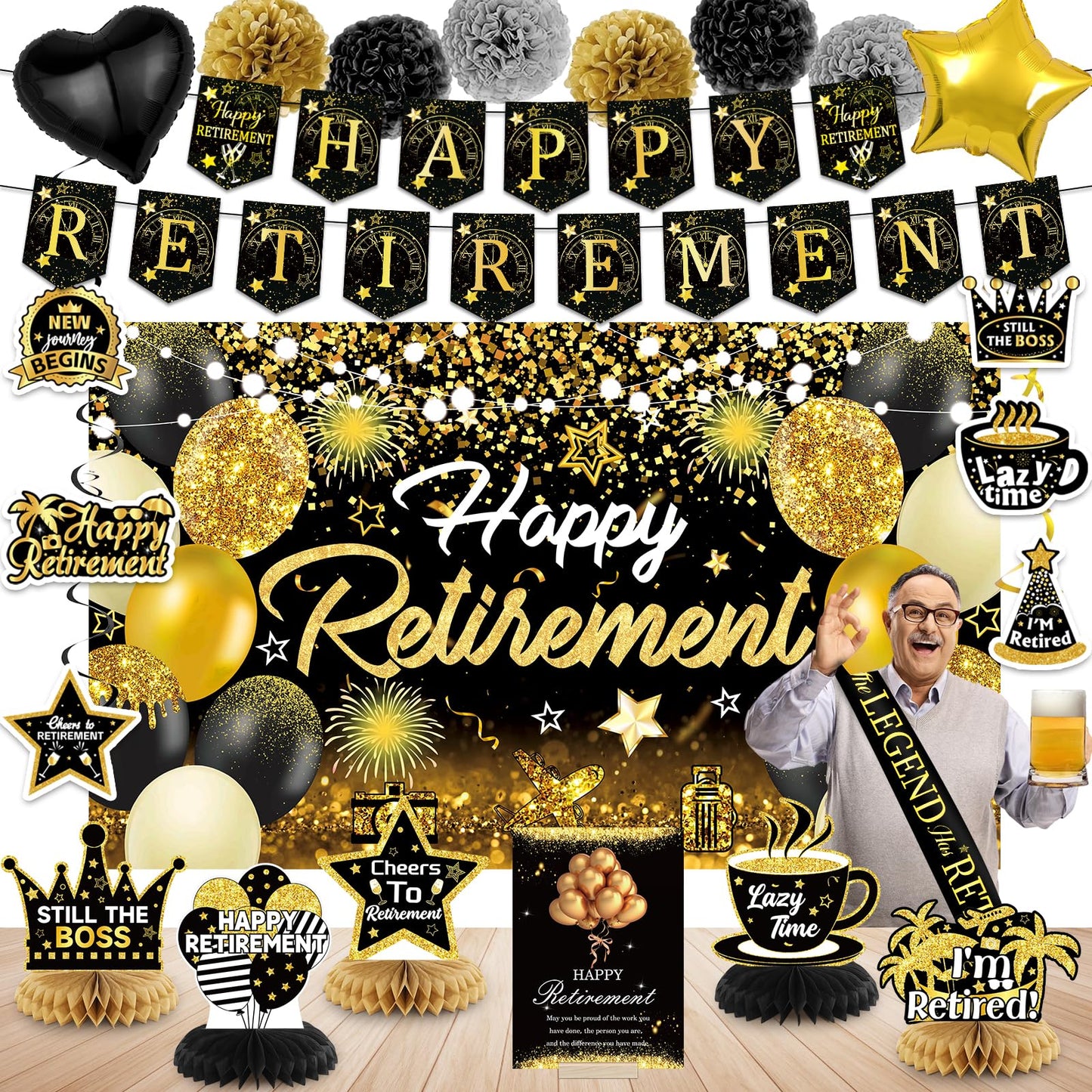 Happy Retirement Party Decorations for Men and Women - Black and Gold Banner, Backdrop Card, Sash, Hanging Swirls, Foil Balloons, Honeycomb