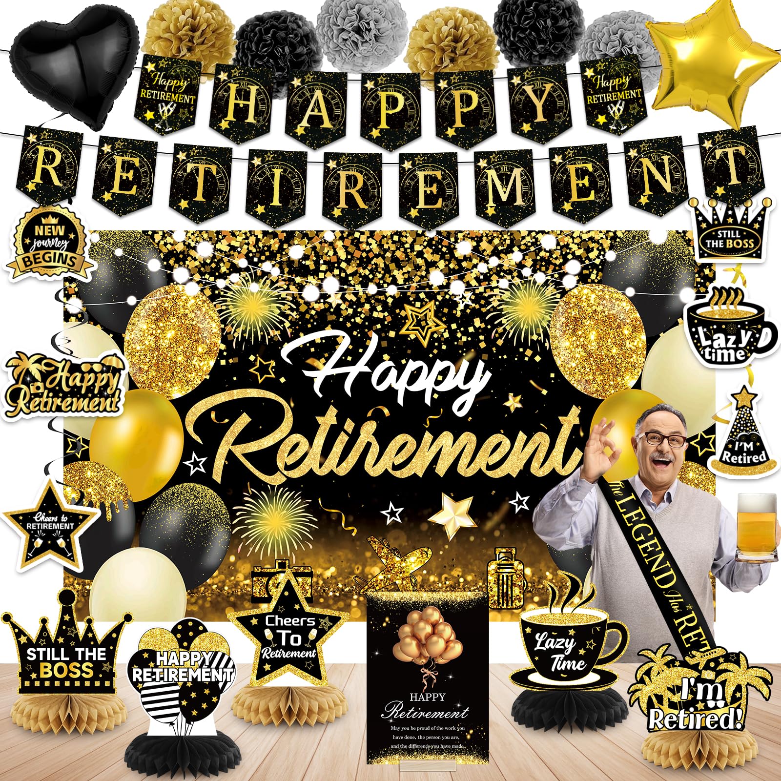 Happy Retirement Party Decorations for Men and Women - Black and Gold Banner, Backdrop Card, Sash, Hanging Swirls, Foil Balloons, Honeycomb