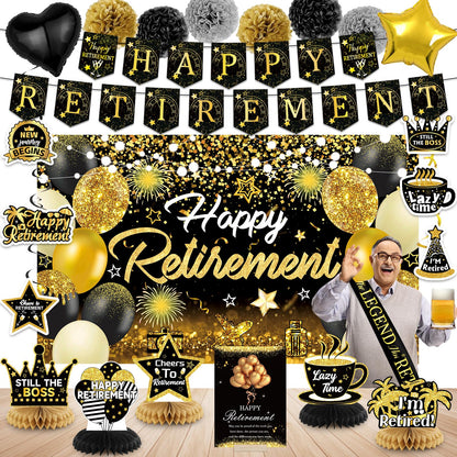 Happy Retirement Party Decorations for Men and Women - Black and Gold Banner, Backdrop Card, Sash, Hanging Swirls, Foil Balloons, Honeycomb