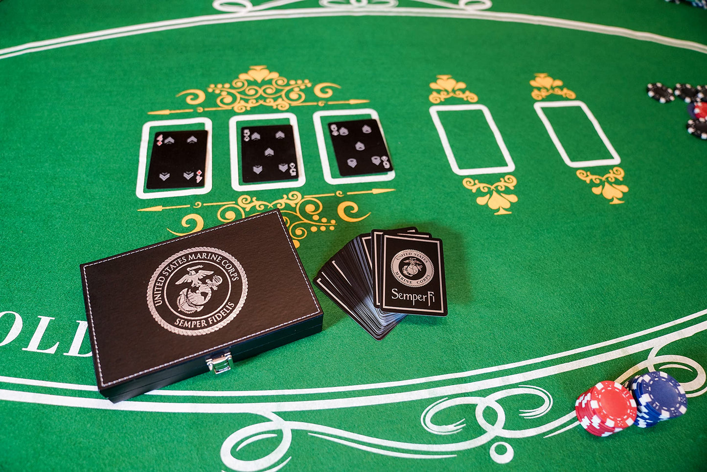 Military Gift Shop Marine Corps Playing Cards and Dice Set - Black Leather Keepsake Box, Playing Cards with USMC Rank Insignia, EGA Dice | USMC B&S