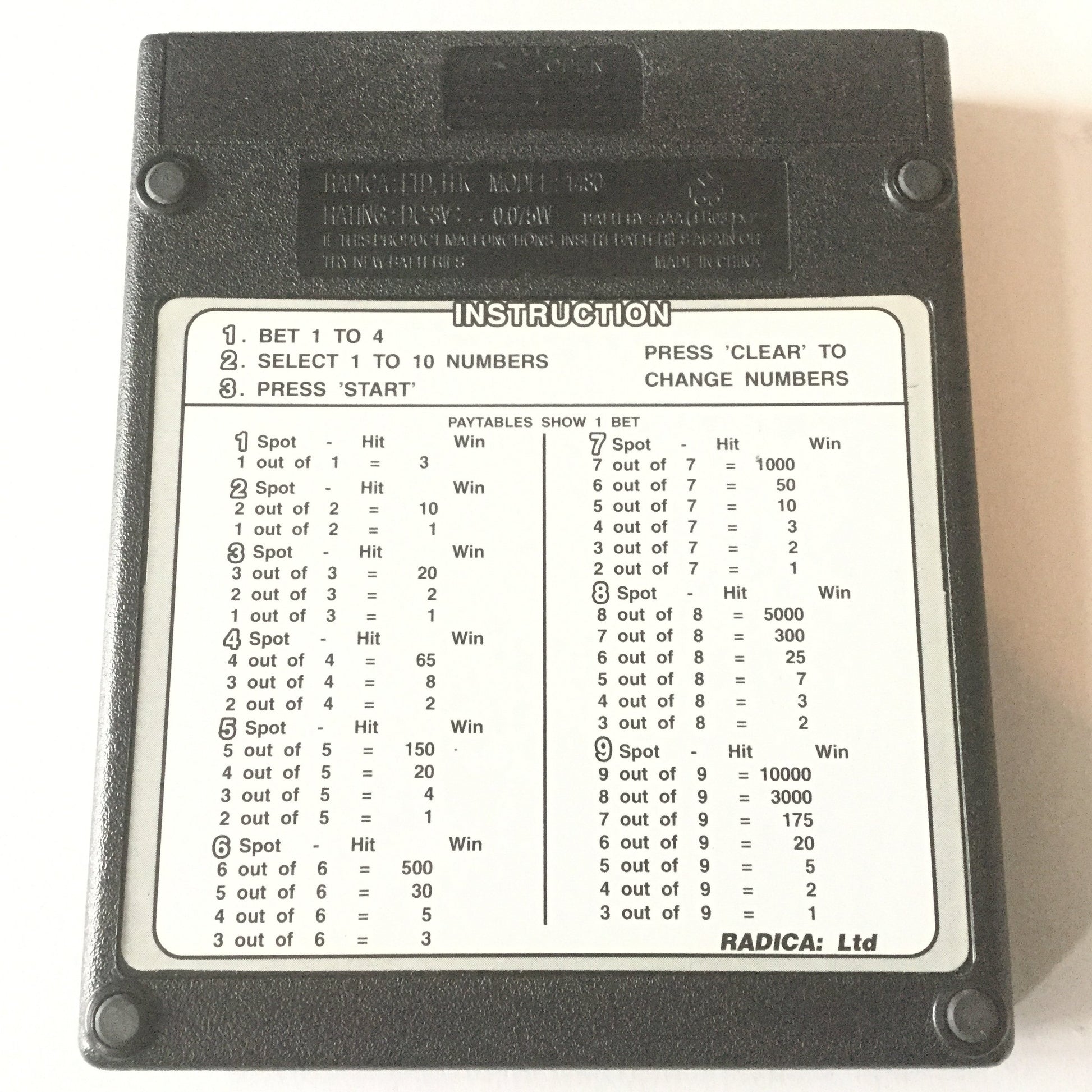 Radica 1480 Handheld Video Game~ Keno/ Lotto Win 50,000 1 to 4