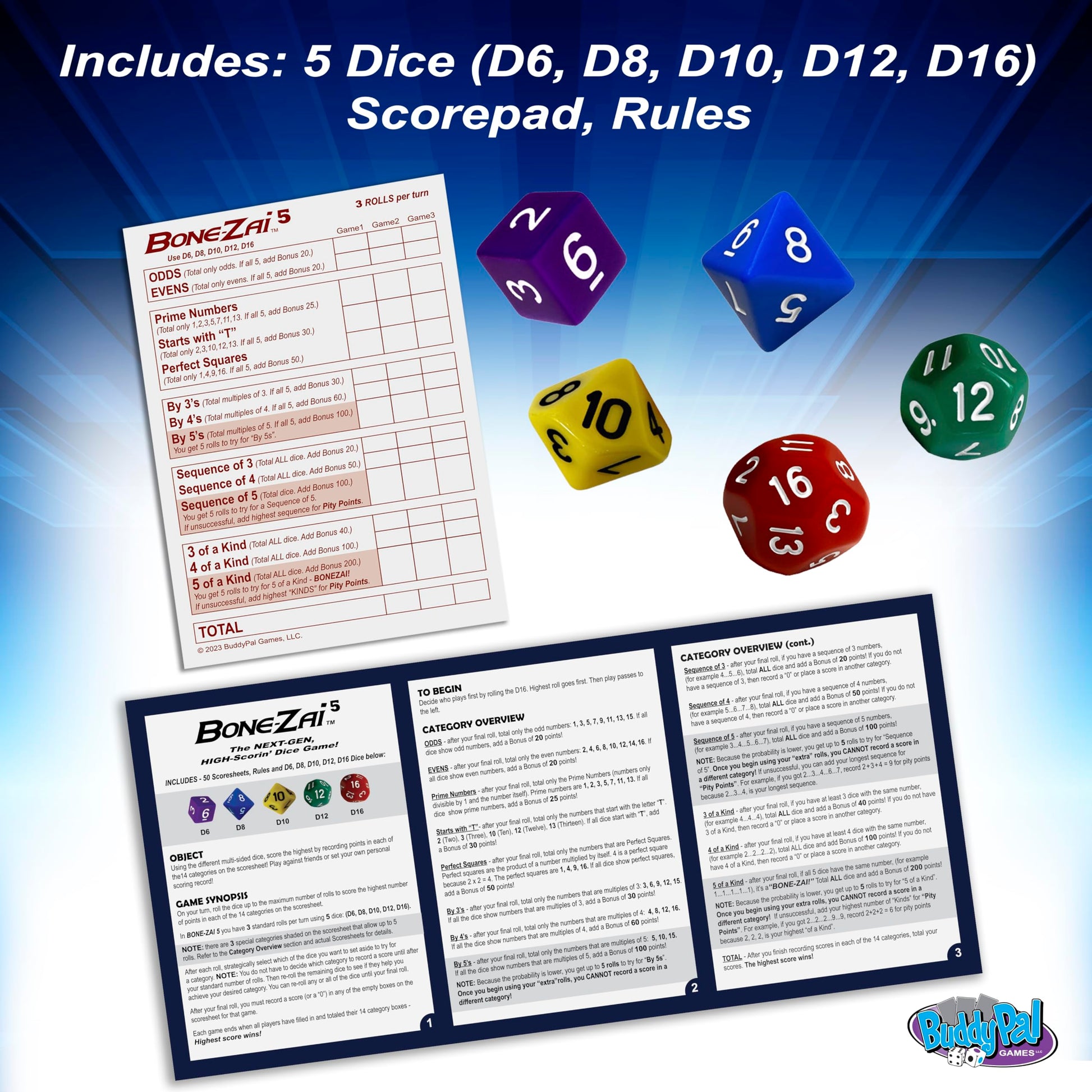 Buddypalgames Bone-Zai5 High-Scoring Family Dice Game | Fun Game with 5 Different RPG Dice, Exciting Categories, Risk and Reward. | Perfect