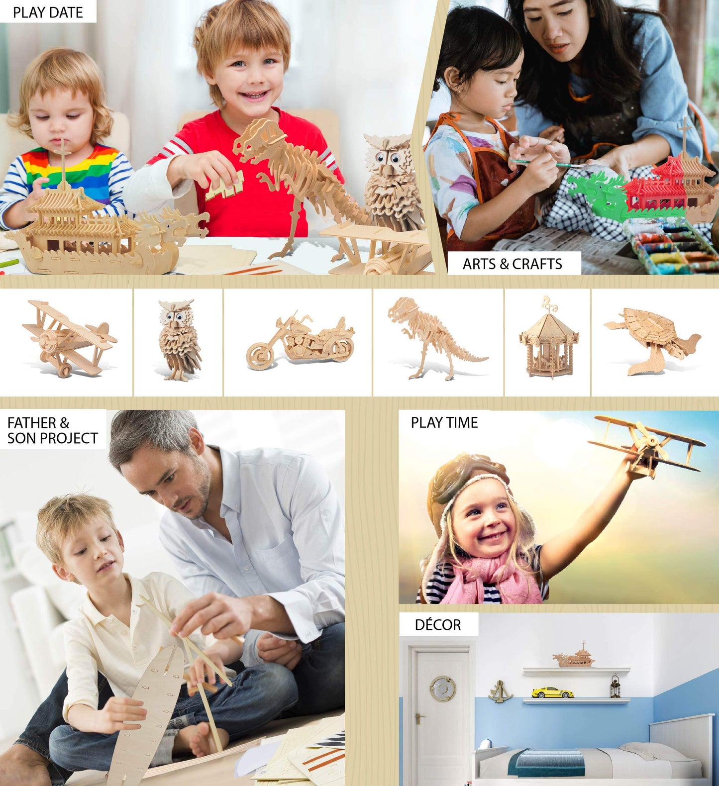 Puzzled 3D Puzzle Dragon Boat Wood Craft Construction Model Kit, Fun Unique & Educational DIY Wooden Toy Assemble Model Unfinished Crafting Hobby
