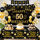 15 PCS Black Gold 50th Birthday Party Decorations 50th Happy Birthday Banner Backdrop for Men Women Birthday Photo Booth Supplies
