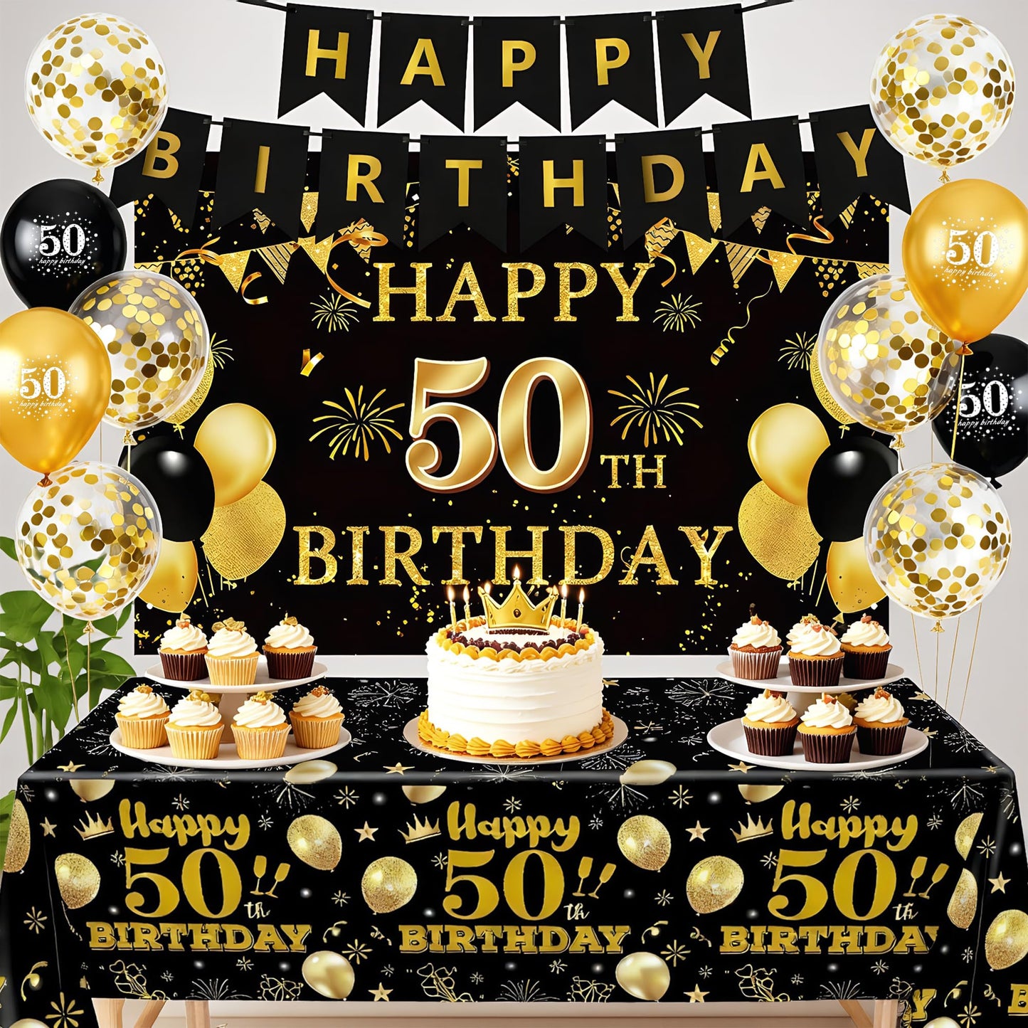 15 PCS Black Gold 50th Birthday Party Decorations 50th Happy Birthday Banner Backdrop for Men Women Birthday Photo Booth Supplies