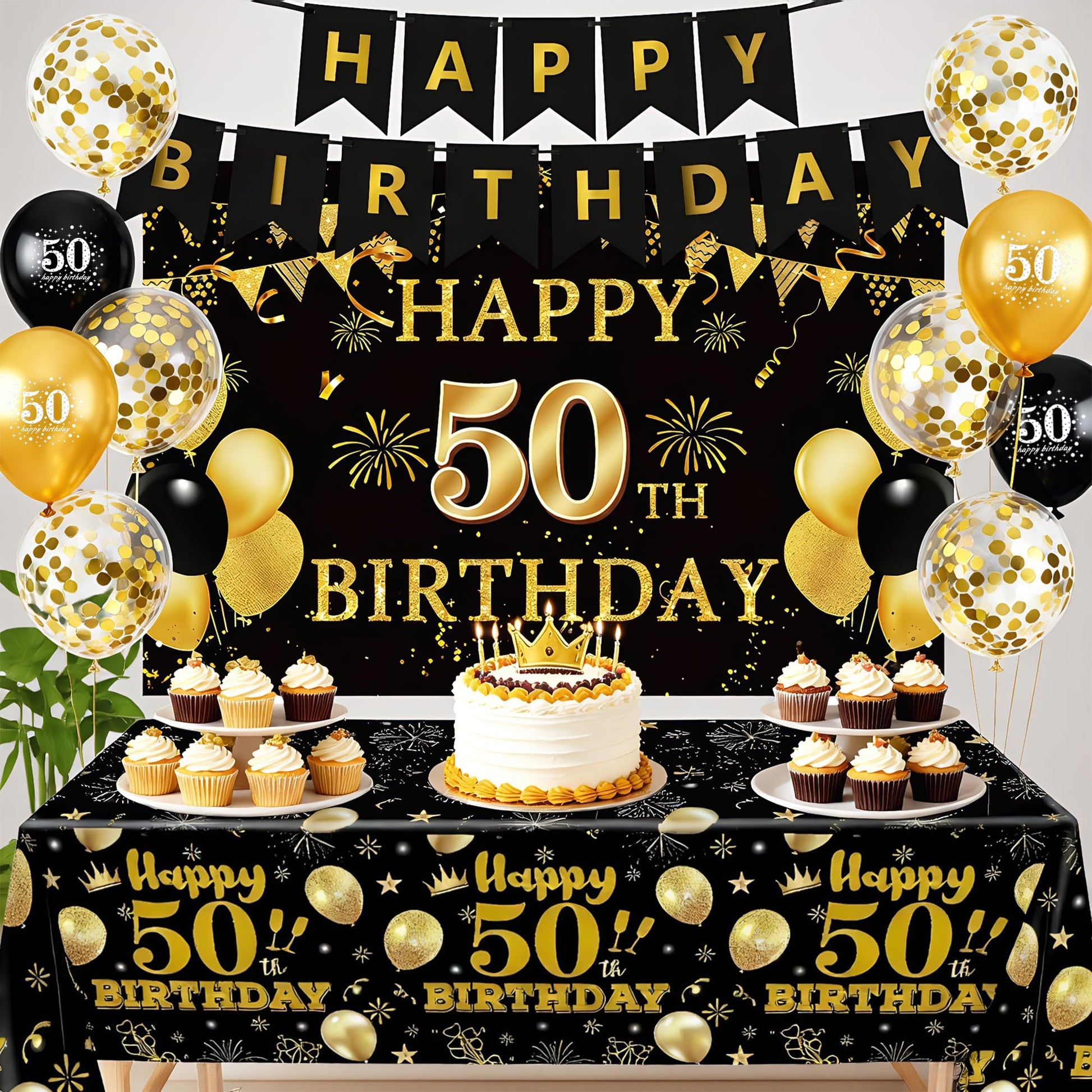 15 PCS Black Gold 50th Birthday Party Decorations 50th Happy Birthday Banner Backdrop for Men Women Birthday Photo Booth Supplies