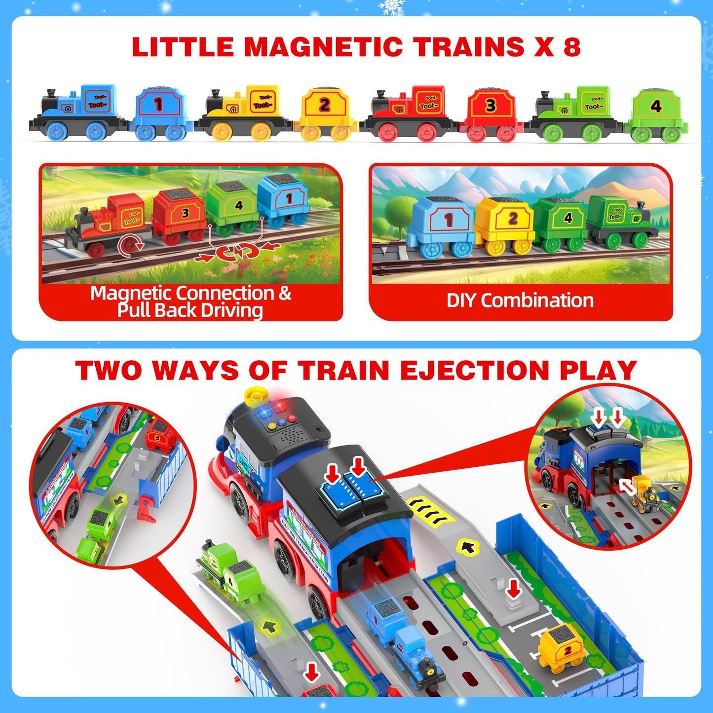 2-in-1 Toy Train Set for Toddler, Catapult Train Base with Movable Tower Crane, 8 Little Magnetic Trains, Light & Sound Effect, Ejection Car Truck