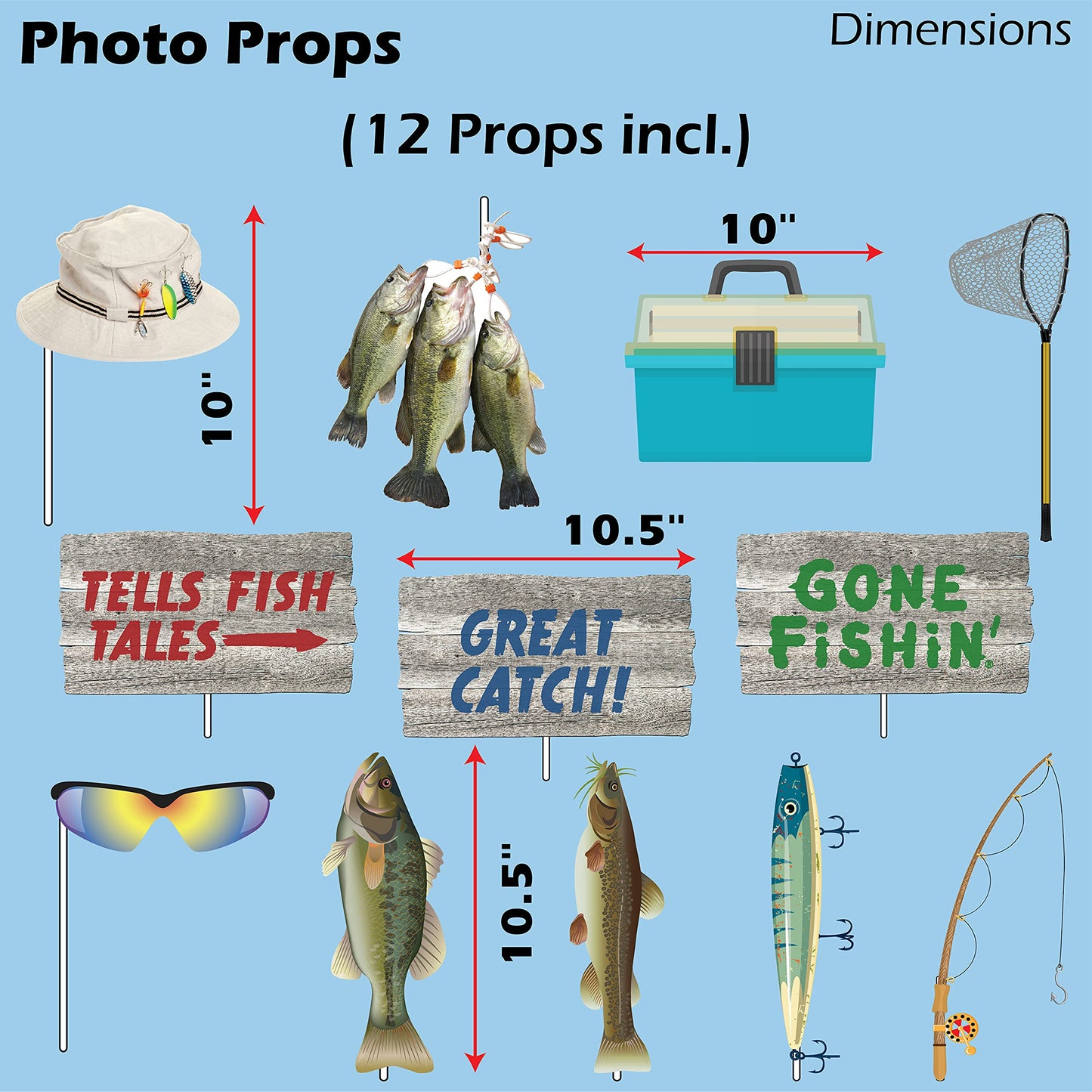 Havercamp Gone Fishing Birthday Party Premium Decorations Kit! Includes: Birthday Banner, Bass Centerpiece, 6 Bass Balloons, 12 Photo Props, 1 Cake