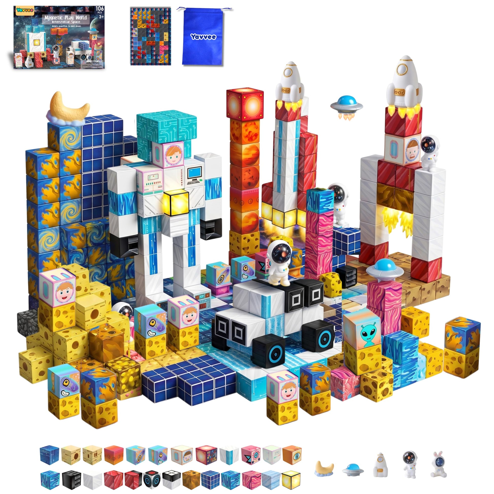 Yavvee 2-in-1 CubeQuest, 5 Figures, 100 Magnetic Building Cubes 0.8", 70+ Challenges & Dual-Sided Magnetic Theme Board, Magnetic Blocks Toy Building