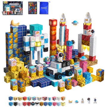 Yavvee 2-in-1 CubeQuest, 5 Figures, 100 Magnetic Building Cubes 0.8", 70+ Challenges & Dual-Sided Magnetic Theme Board, Magnetic Blocks Toy Building