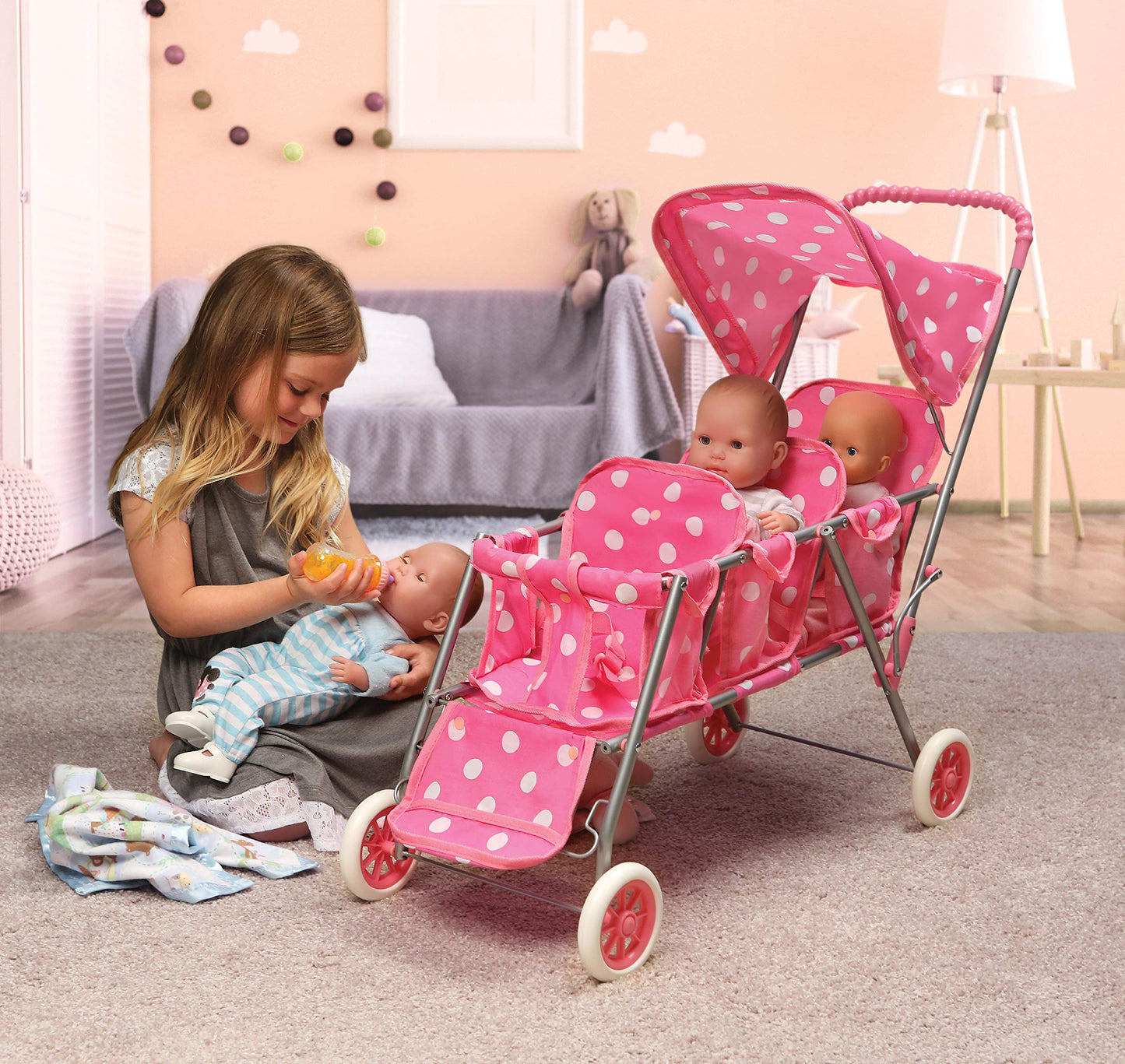 Badger Basket Triple Doll Stroller for Dolls - Lightweight and Foldable Toy Pram with Canopy - Fun Pretend Play for Kids in Stylish Pink with Polka