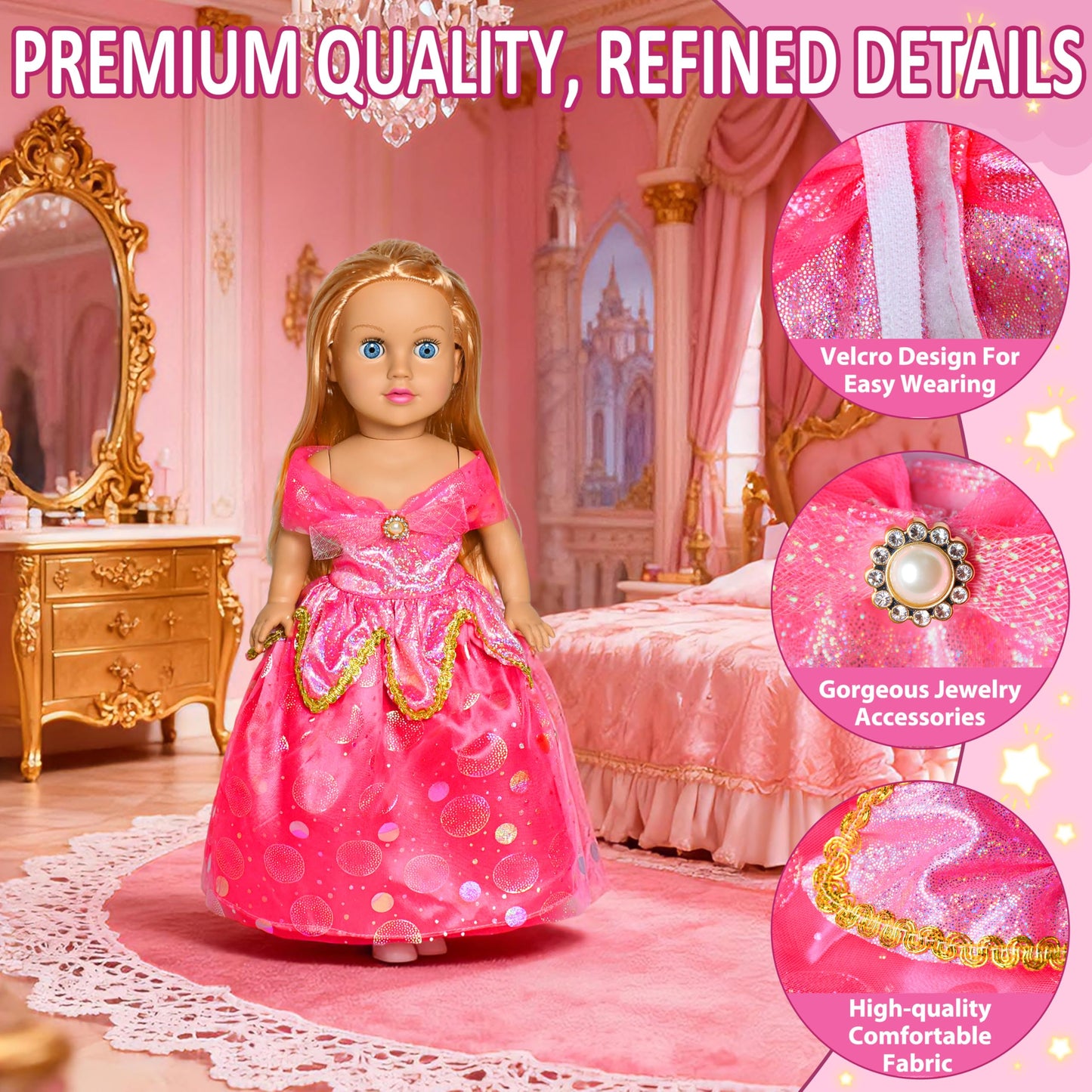 Lavwix 8 pcs American Doll Clothes Set for 18 inch Dolls, Doll Clothing Outfits Include 6 Different Princess Dresses, Crown, Hair Bow, Christmas