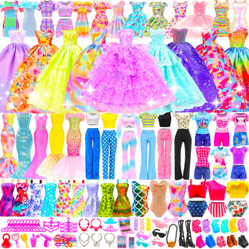 BARWA 116 Pack Doll Clothes and Accessories 5 Wedding Gown Dresses 9 Fashion Dresses Slip Dress 3 Tops 3 Pants 2 Swimsuits Bikini 16 Shoes 15 Hangers