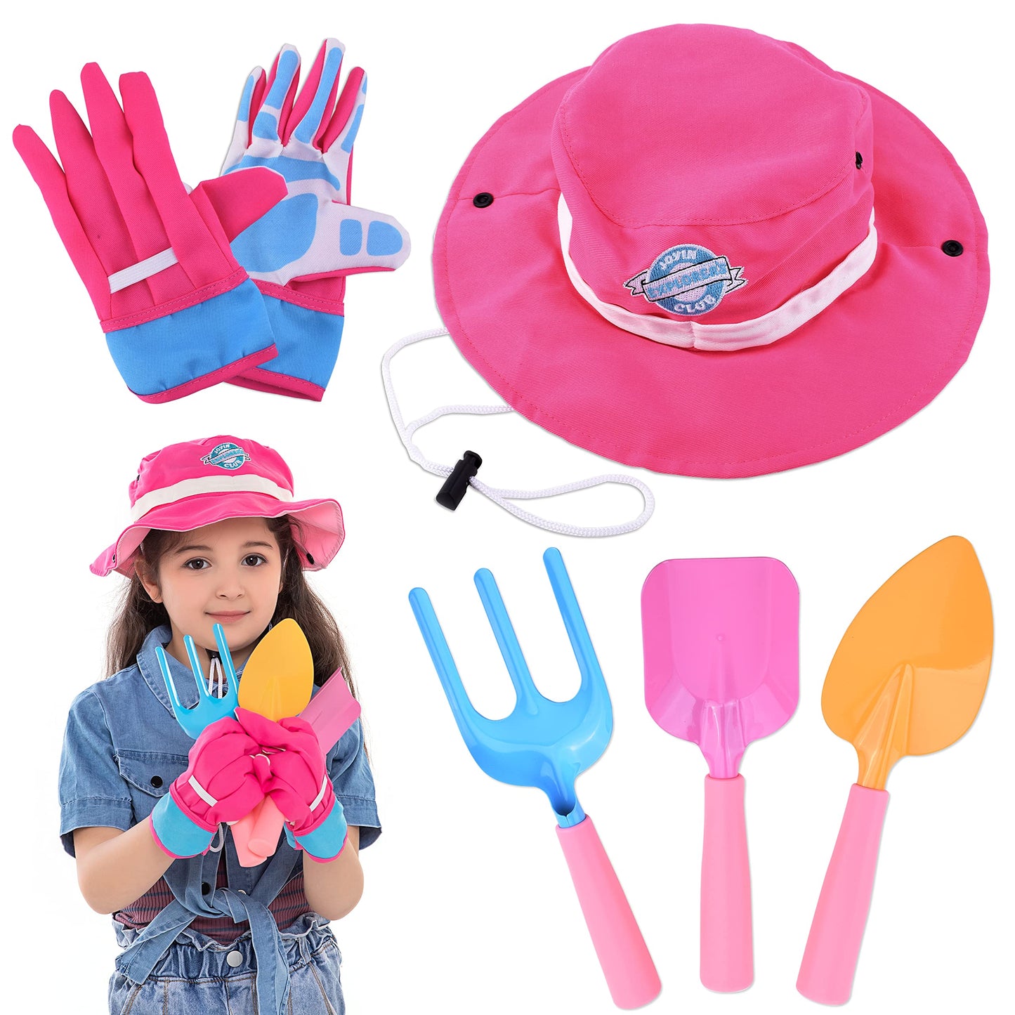 JOYIN 6 PC Kids Gardening Tools, Including Garden Tools Like Gardening Gloves, UV Protection Sun Hat, Shovel, Rake, and Trowel, Kids Backyard Outdoor