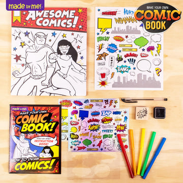 Made By Me Make Your Own Comic Book Storytelling Kit for Kids, 15-Page, Hardcover, How-to Draw Instructional Guide, Comic Inspired Stickers & Stamp