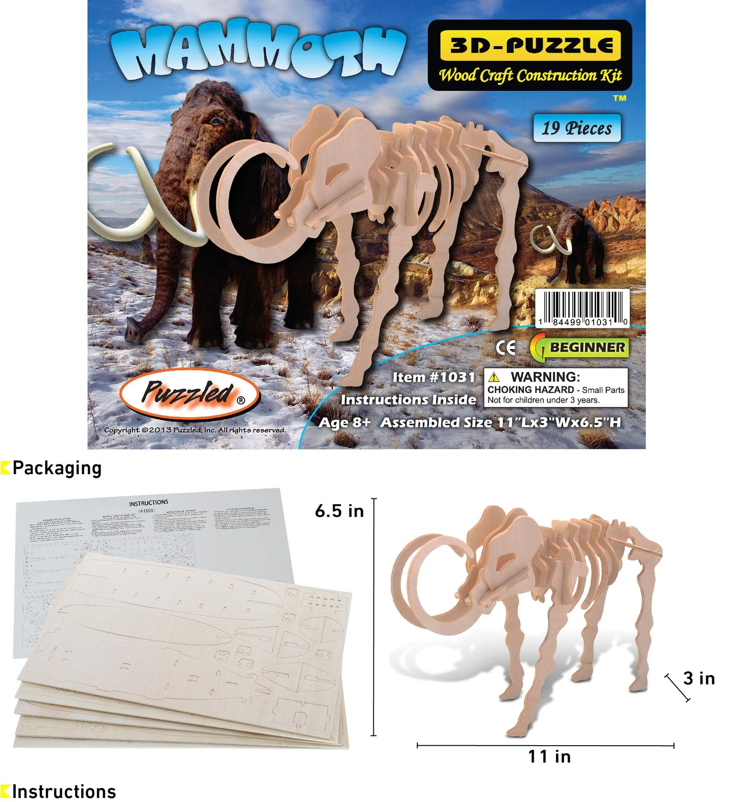 Puzzled 3D Puzzle Woolly Mammoth Wood Craft Construction Model Kit, Fun Unique & Educational DIY Wooden Toy Assemble Model Unfinished Crafting Hobby