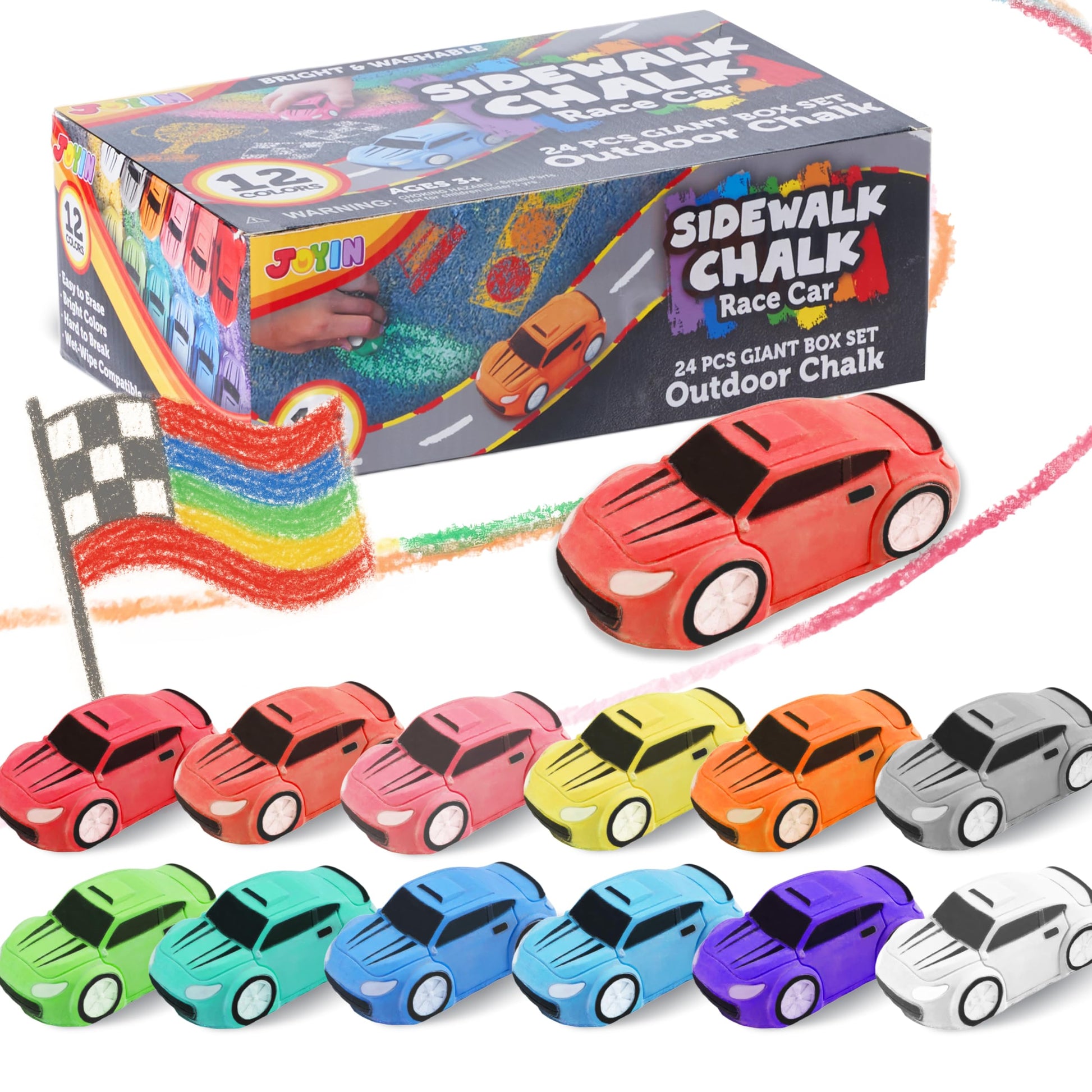 JOYIN 24PCS Race Car Sidewalk Chalk Bulk, Party Favors for Kids, Non Toxic Washable Jumbo Chalk,Toddler Outdoor Toys, Individually Wrapped, Birthday