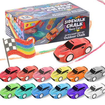 JOYIN 24PCS Race Car Sidewalk Chalk Bulk, Party Favors for Kids, Non Toxic Washable Jumbo Chalk,Toddler Outdoor Toys, Individually Wrapped, Birthday